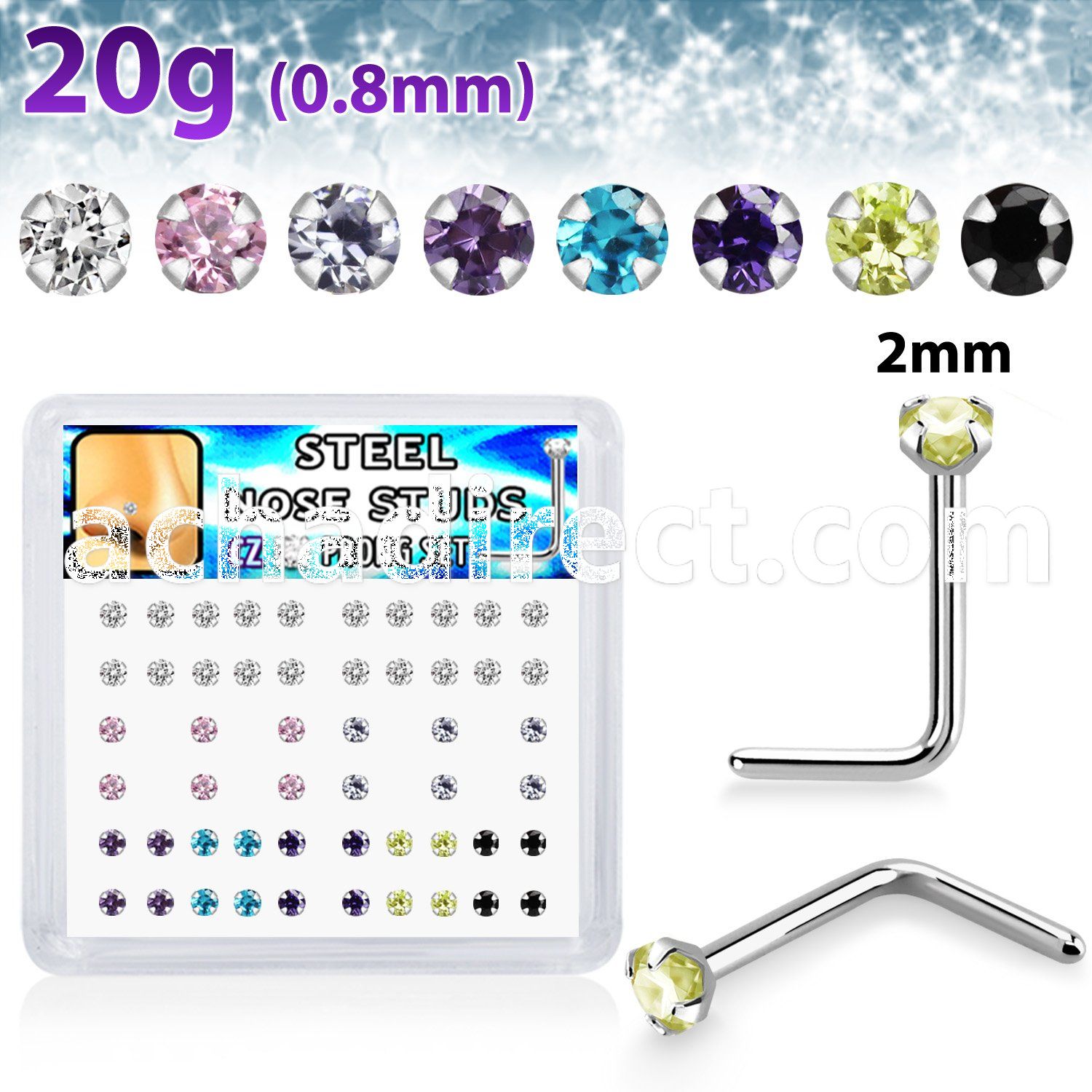 nlzr2xm 316l steel nose studs prong set round cz assorted