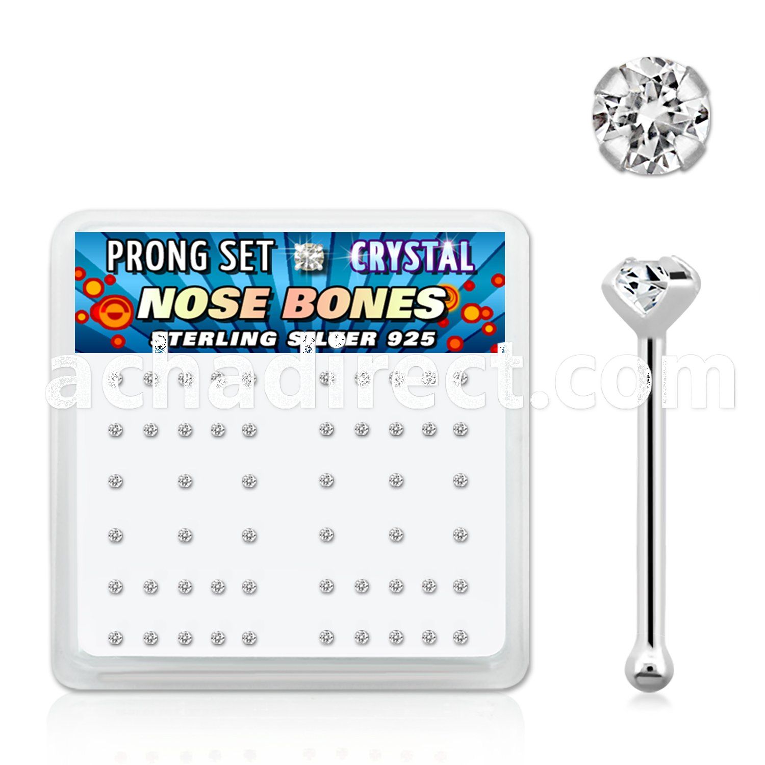 npbcs box of silver nose bones with 1 4mm prong crystals