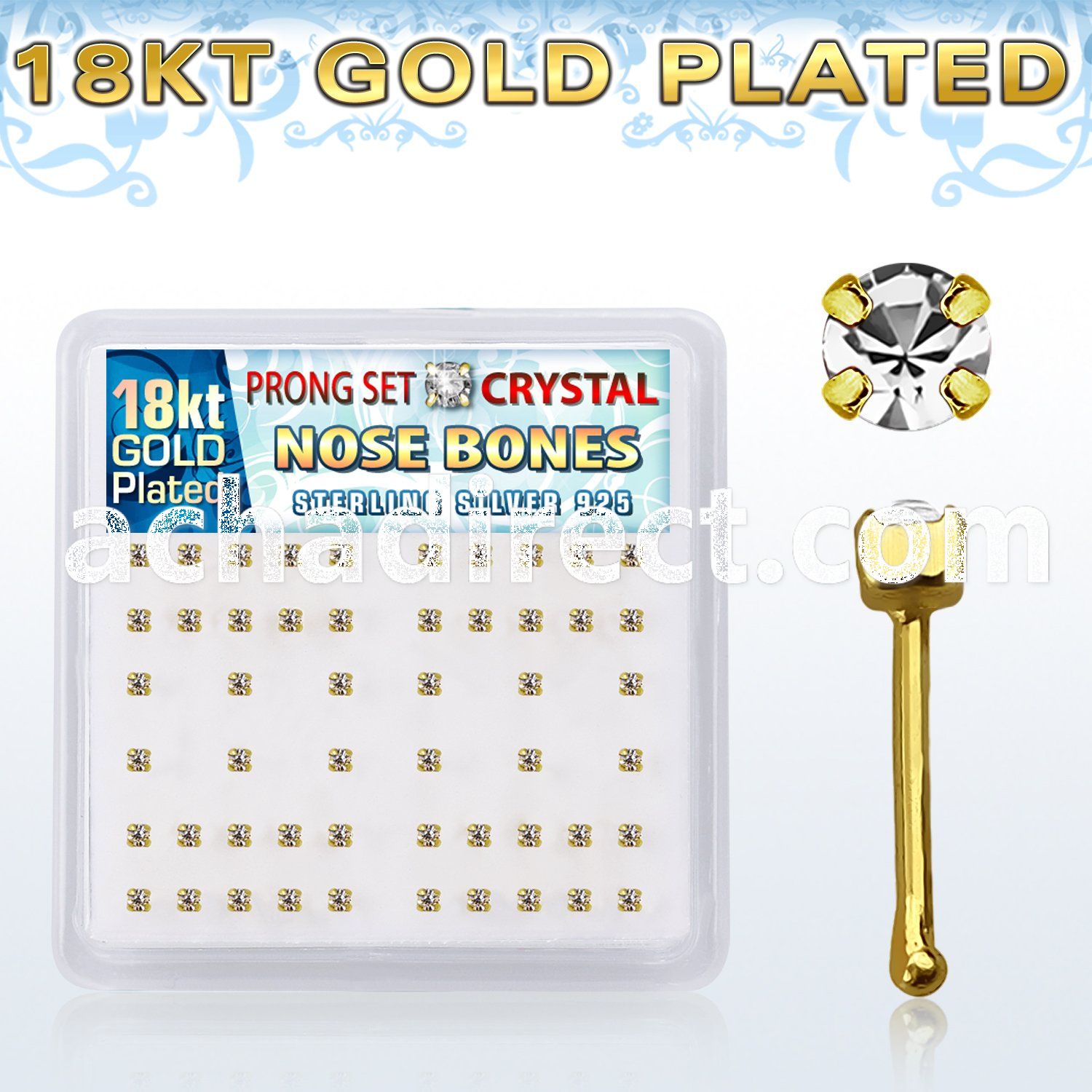 npbgc gold plated silver nose bones with 1 8mm prong crystals