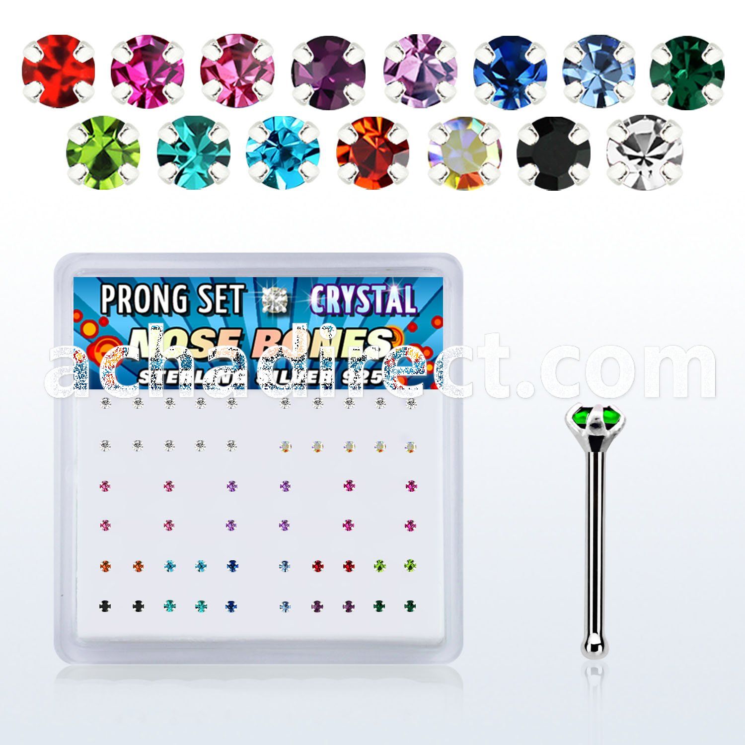 npbm box of silver nose bones with assorted prong crystals