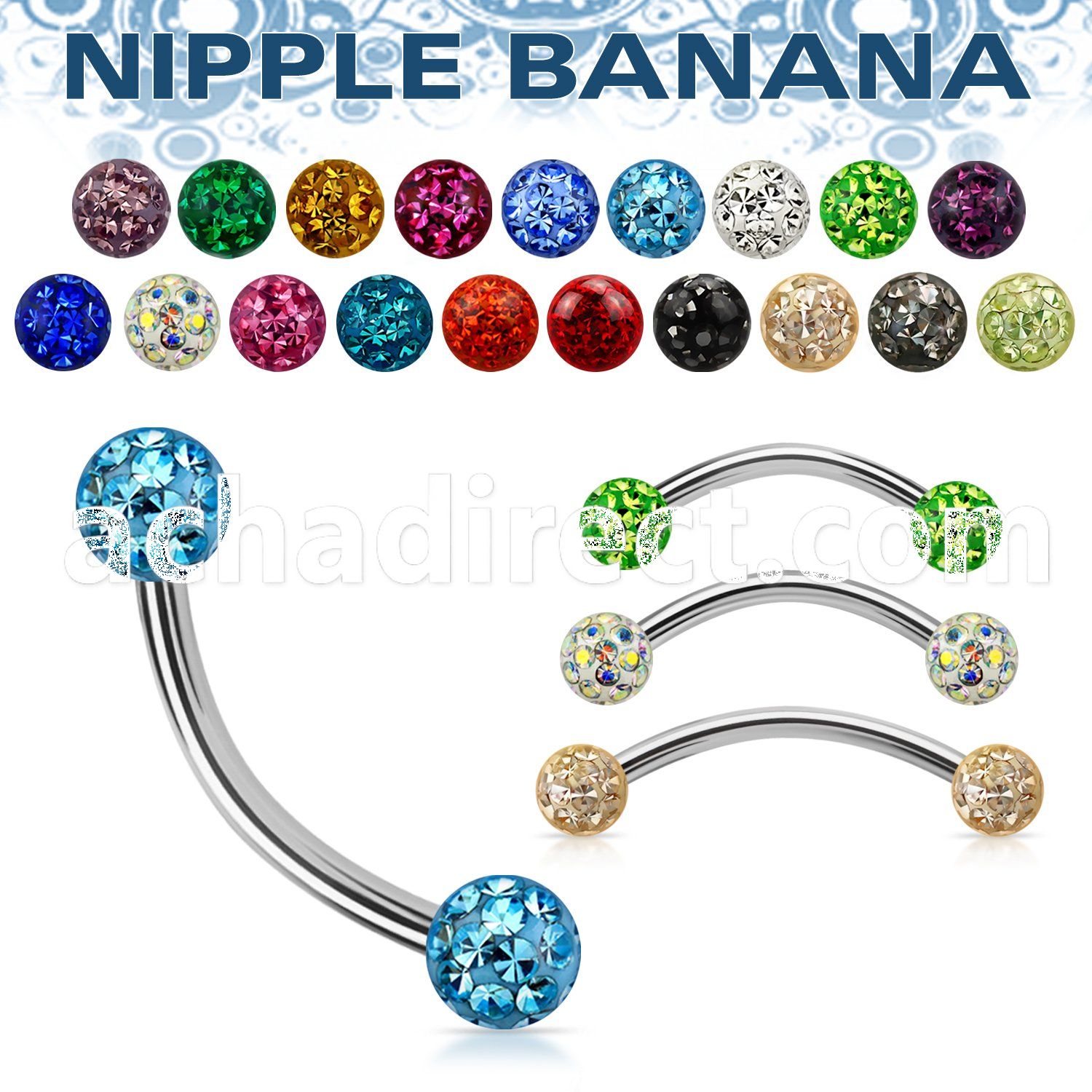 npbnfr5 surgical steel nipple banana 5mm multi crystal ferido balls resin cover
