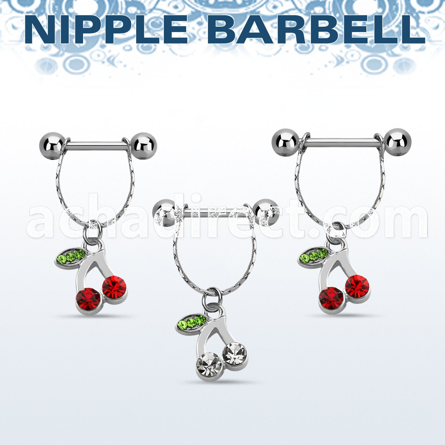 npdl10 steel nipple barbell w chain dangling crystal cherry