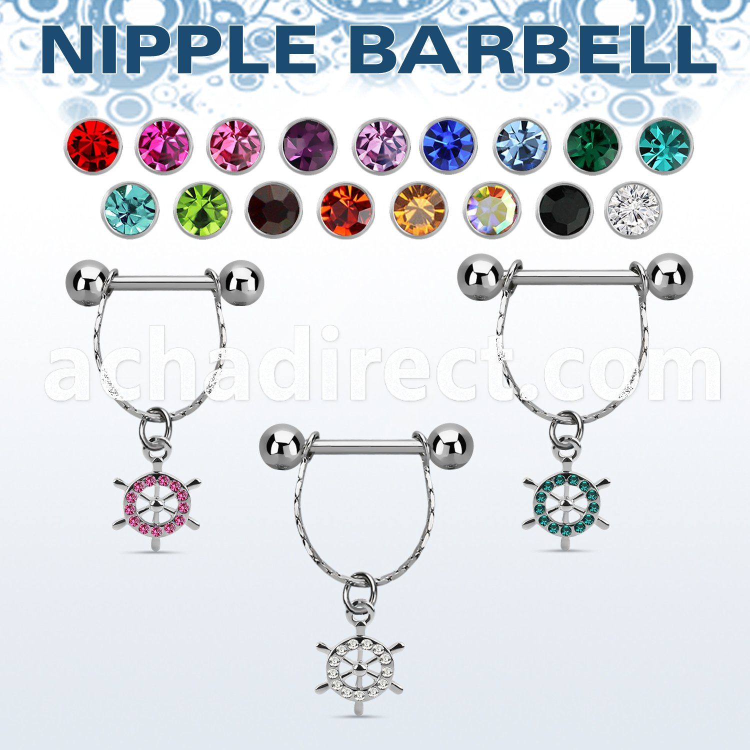 npdl12 steel nipple barbell w chain dangling ship wheel