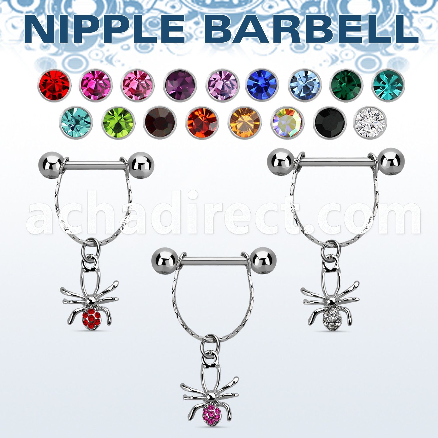 npdl14 steel nipple barbell w chain dangling crystal spider 