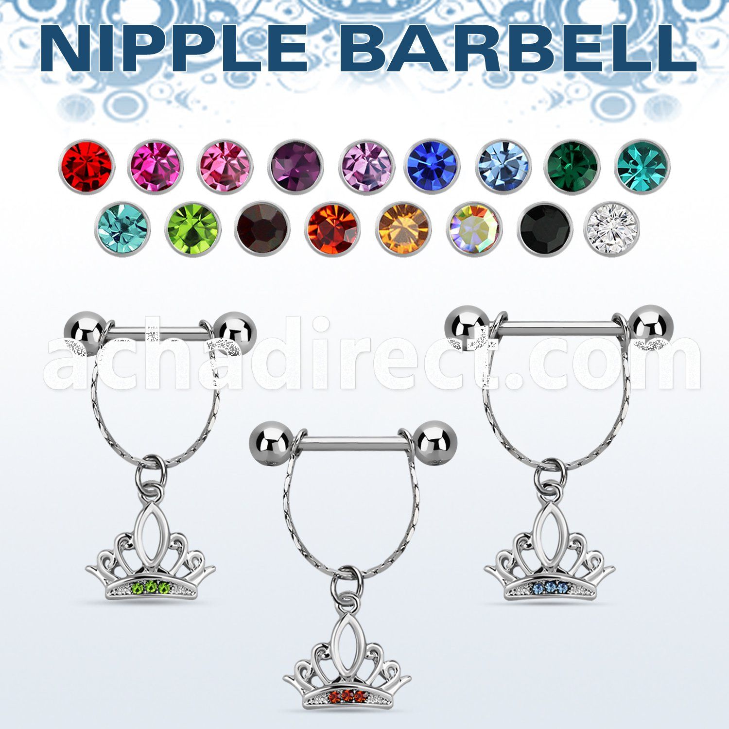 npdl15 steel nipple barbell w chain dangling crystal crown 