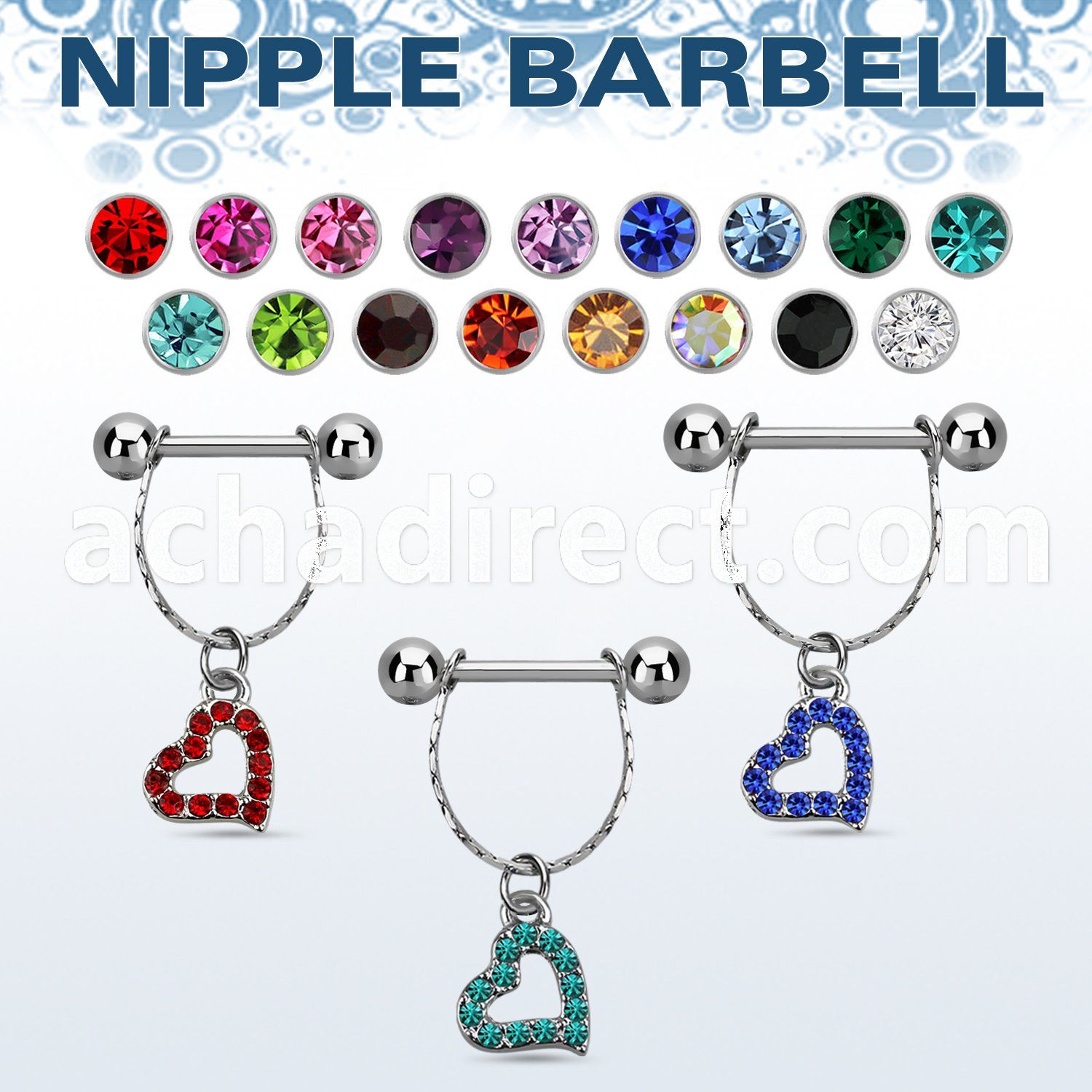 npdl17 steel nipple barbell w chain dangling w crystal heart