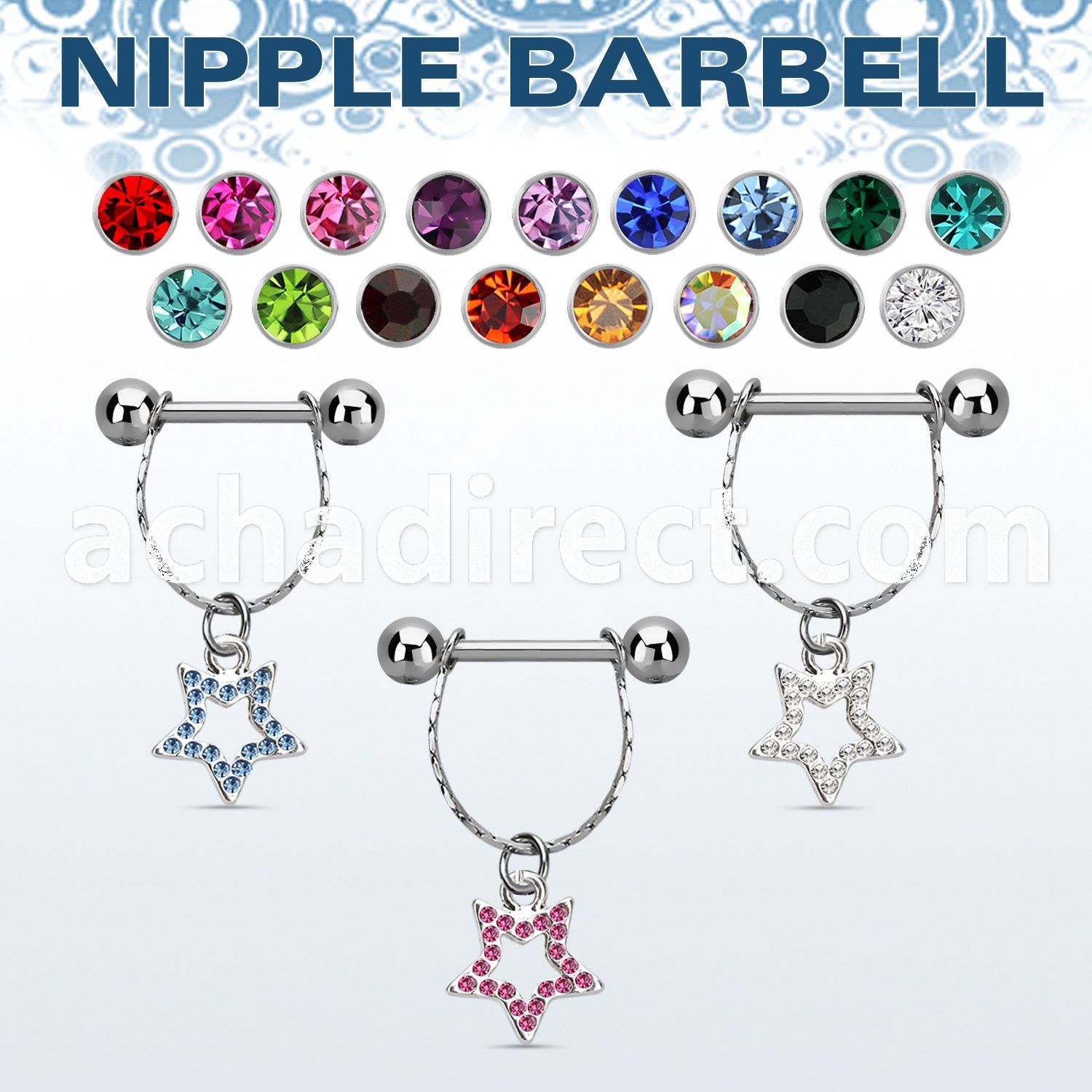 npdl18 steel nipple barbell w chain dangling crystal star 