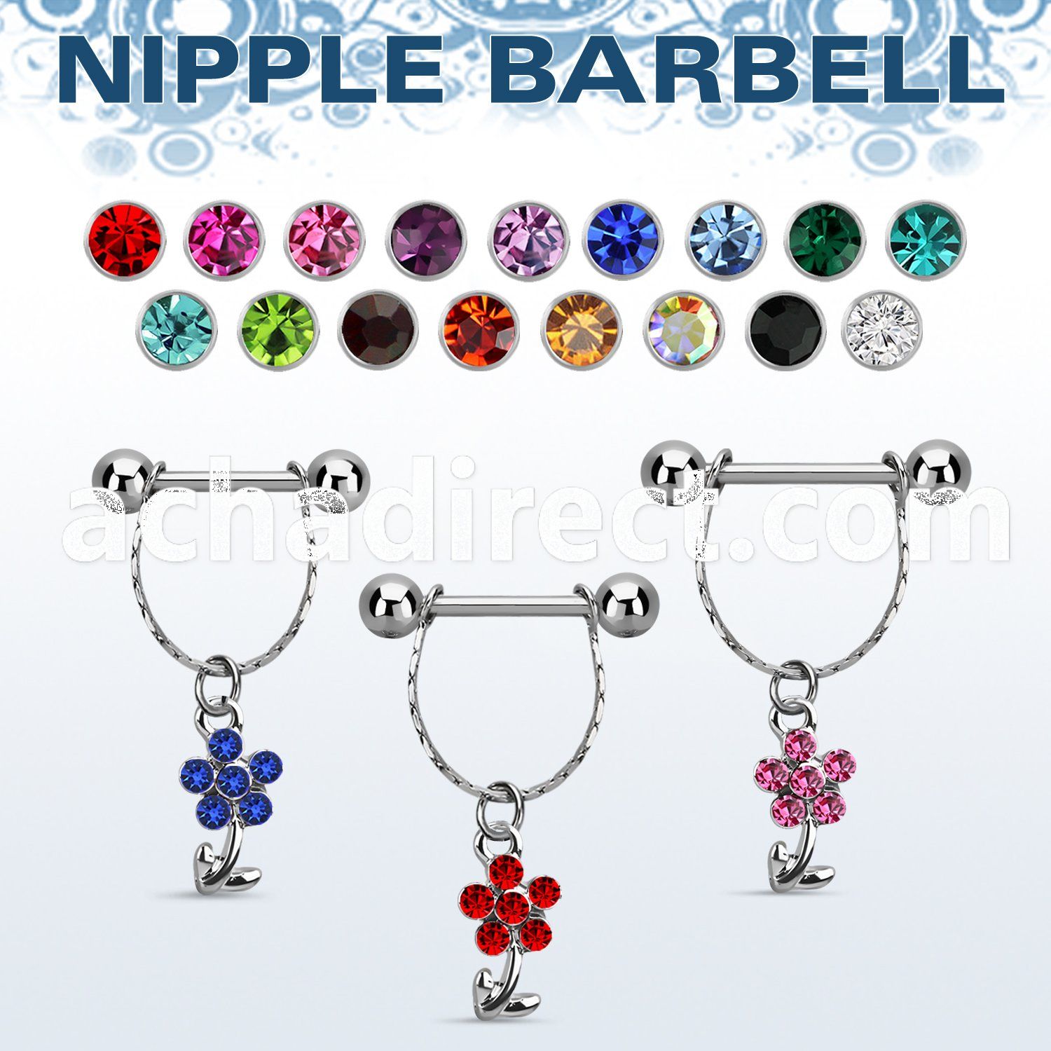 npdl19 steel nipple barbell w chain dangling crystal flower