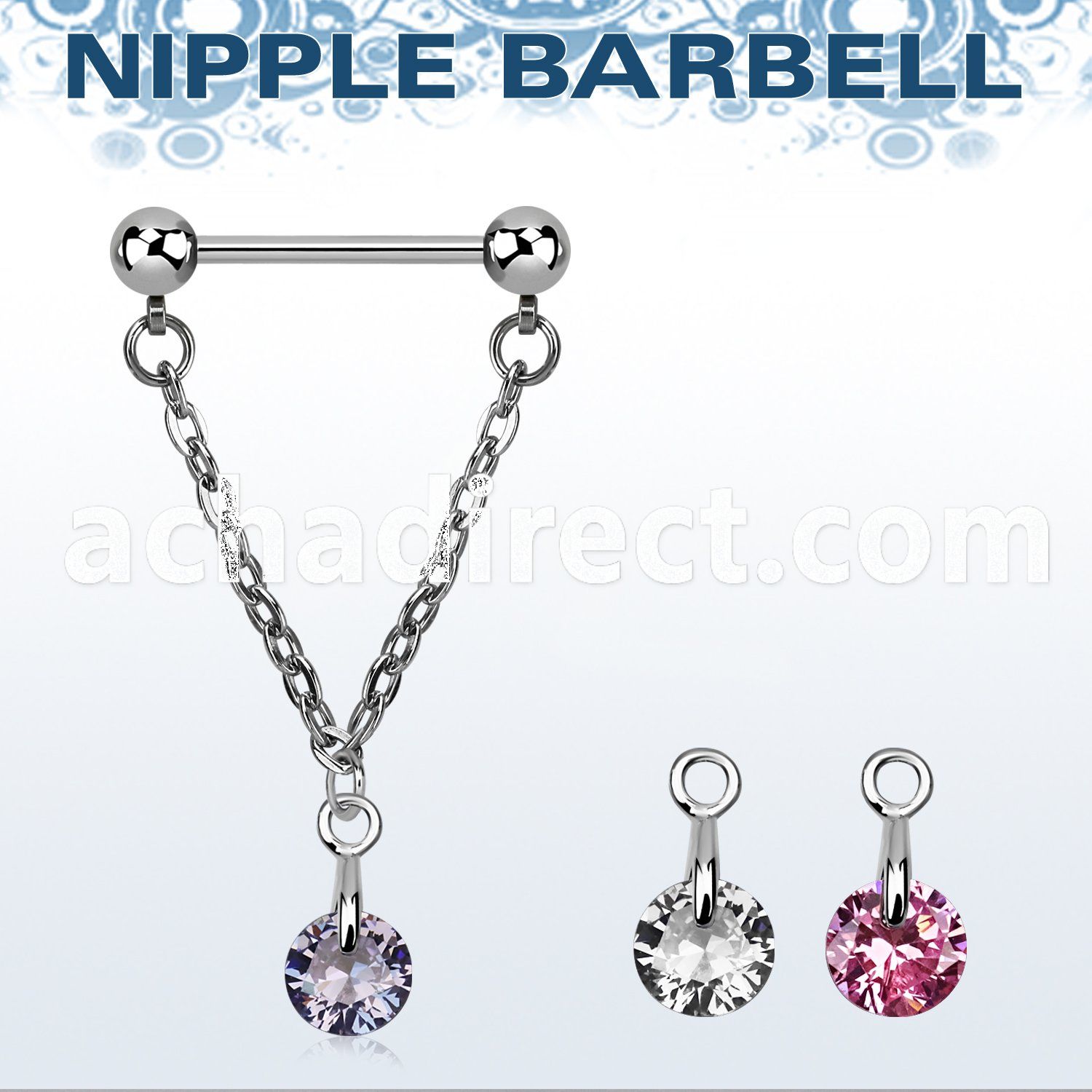 npdl1 steel nipple barbell w a dangling 6mm round cz stone