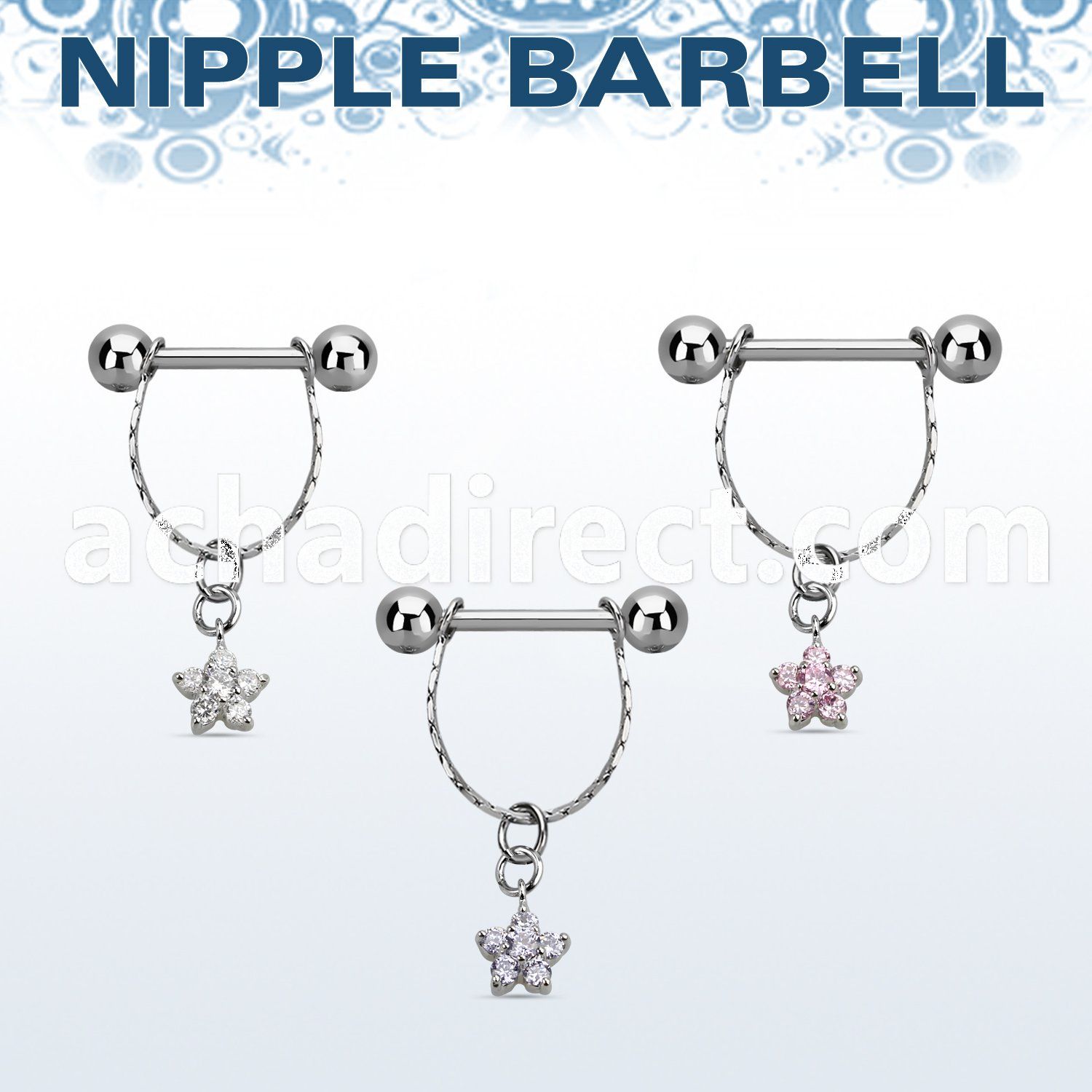 npdl22 steel nipple barbell w chain dangling small cz flower 