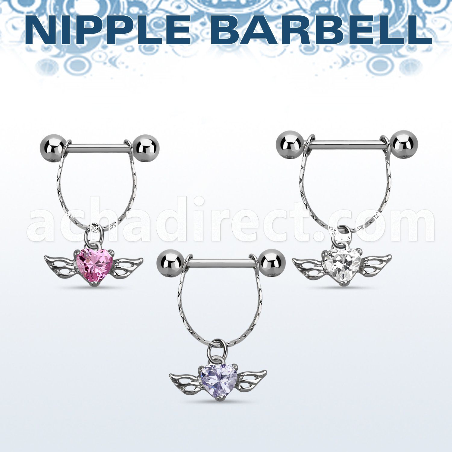 npdl26 steel nipple barbell w chain dangling heart shaped cz