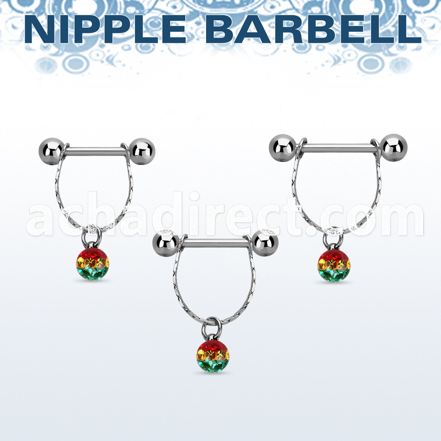 npdl31 steel nipple barbell w chain multi crystal rasta ball 