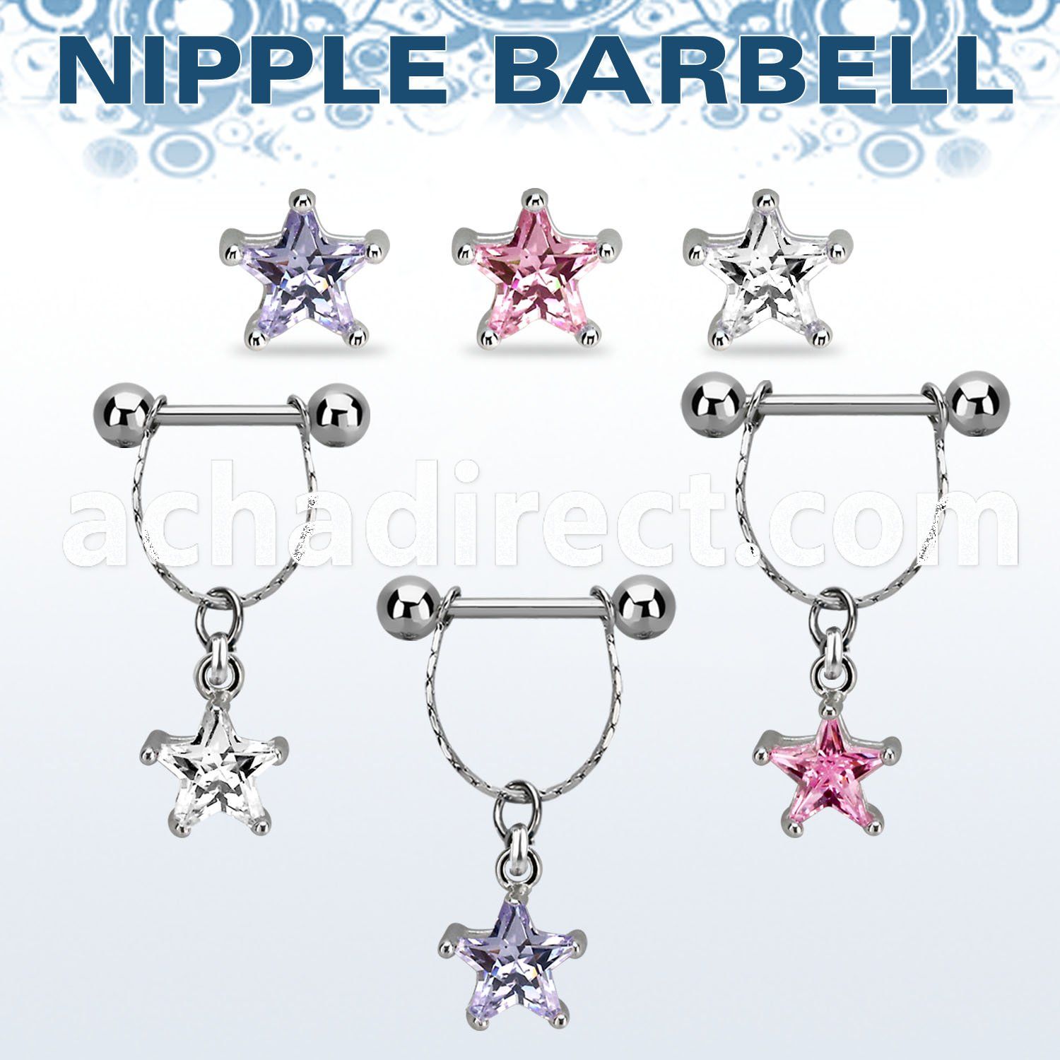 npdl34 steel nipple barbell dangling prong set star shaped cz 