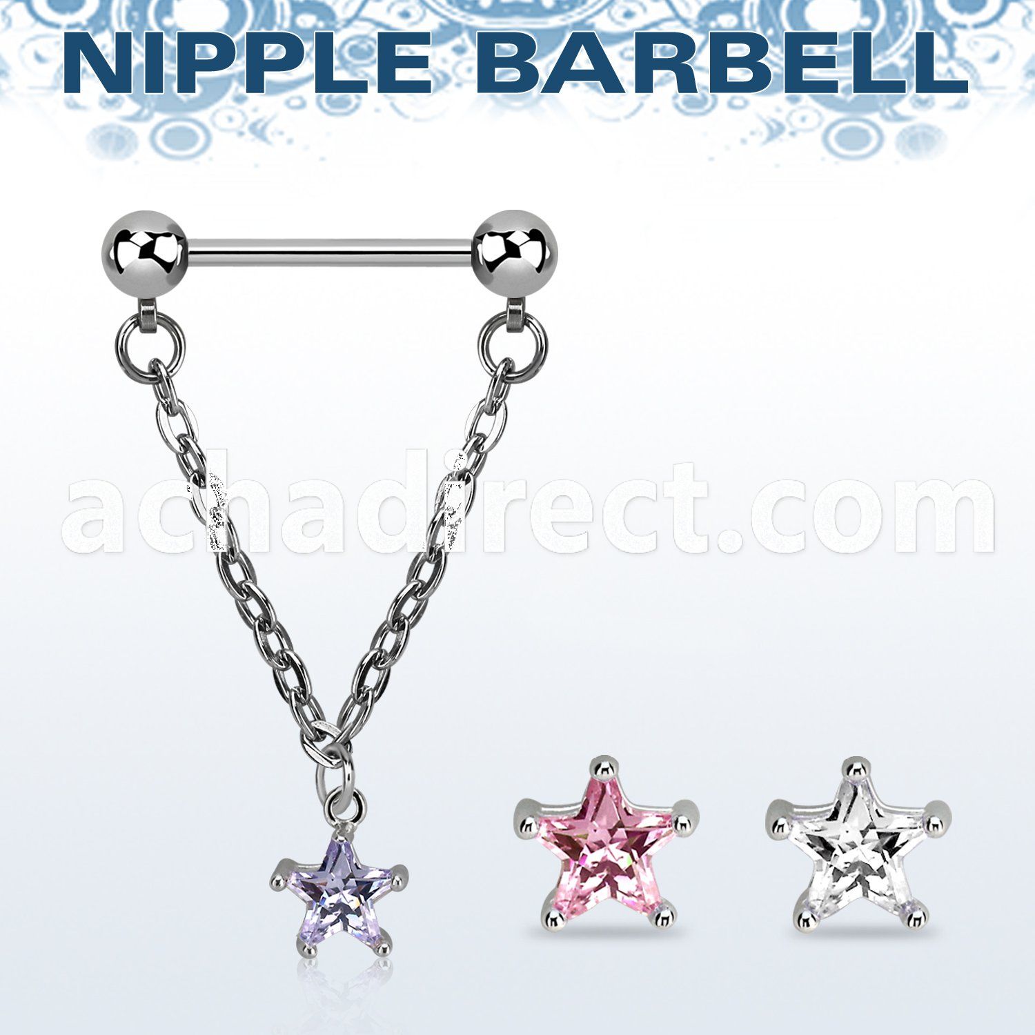 npdl35 steel nipple barbell dangling prong set star shaped cz 