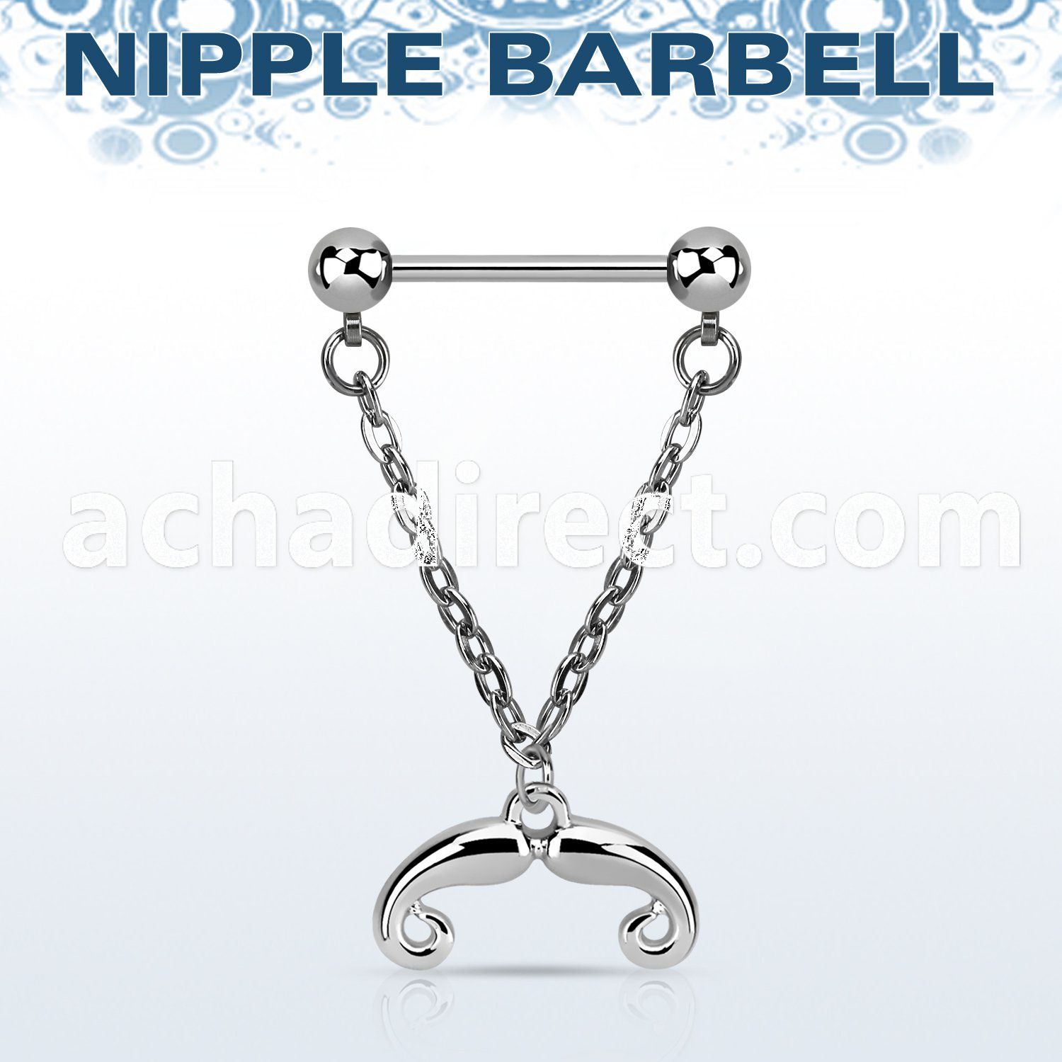 npdl36 steel nipple barbell w dangling french mustache design