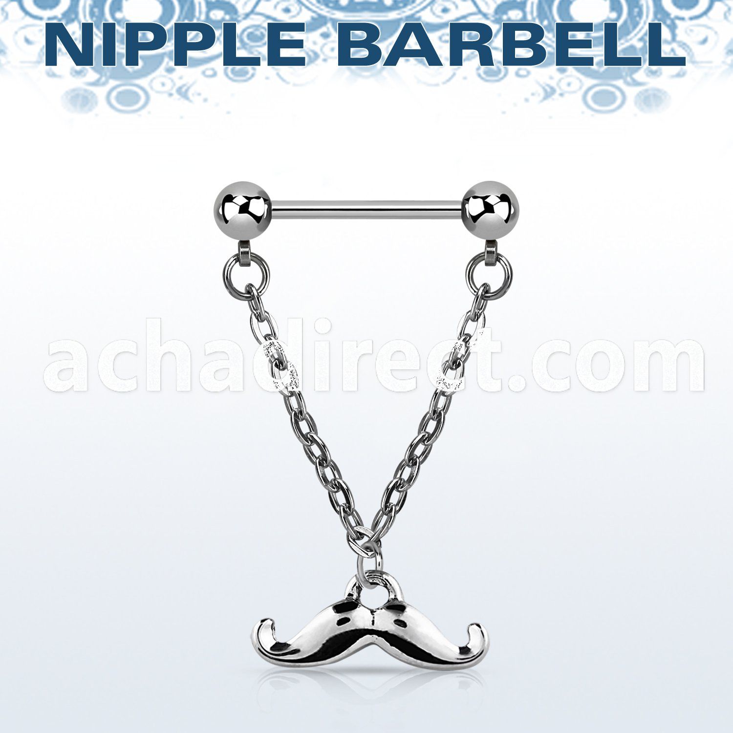 npdl37 steel nipple barbell w dangling happy mustache design