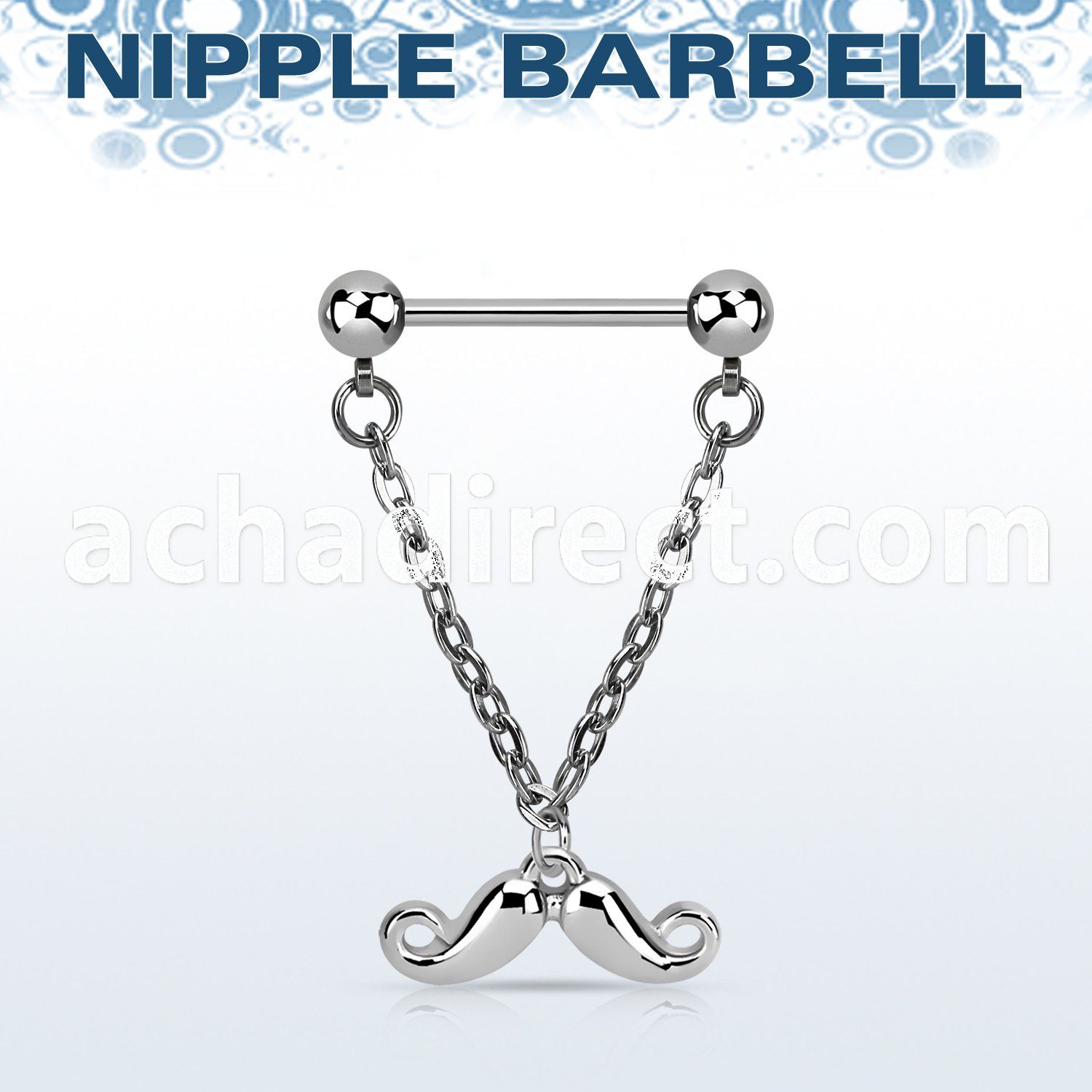 npdl38 steel nipple barbell w dangling happy mustache design