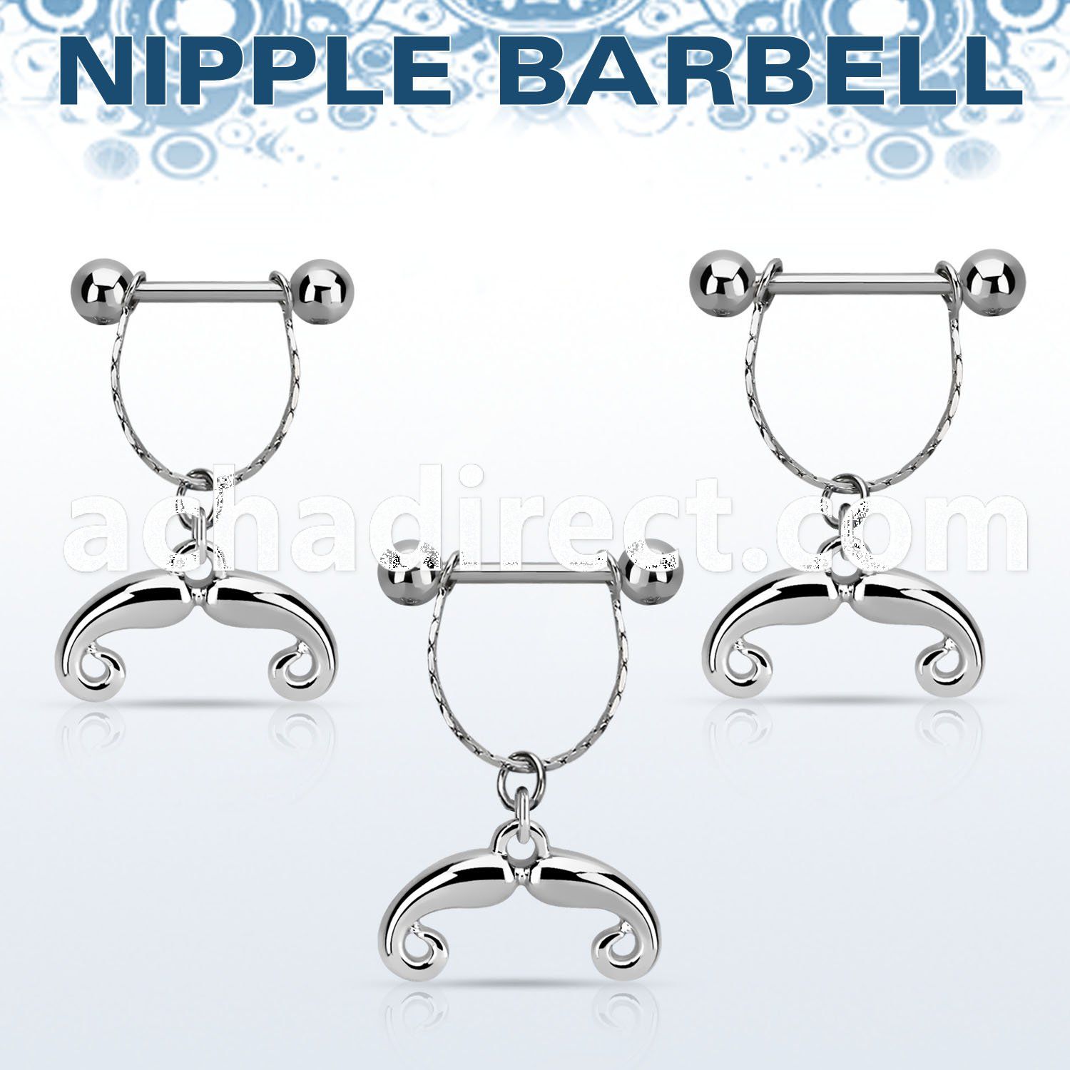 npdl39 steel nipple barbell w dangling french mustache design