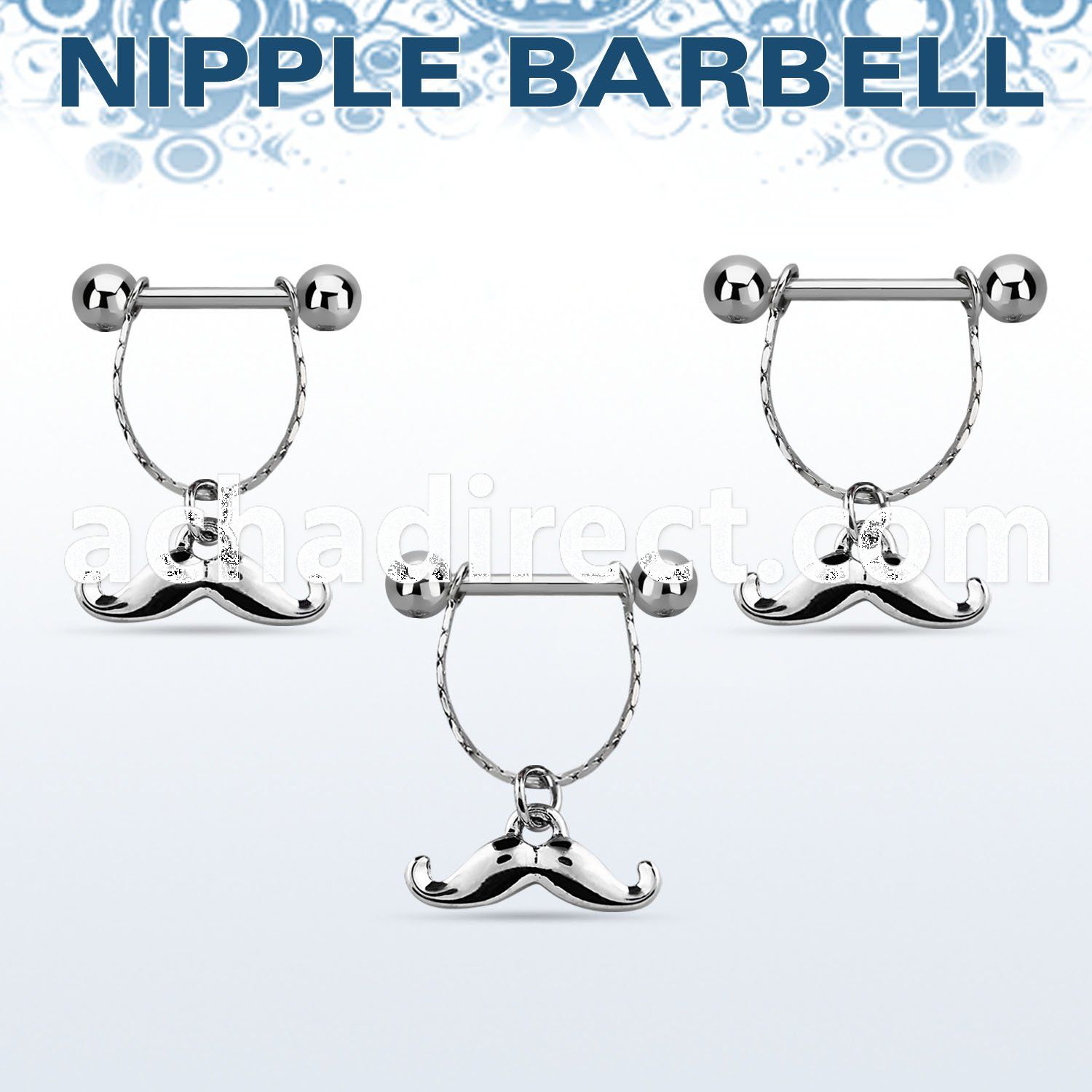 npdl40 steel nipple barbell w dangling happy mustache design