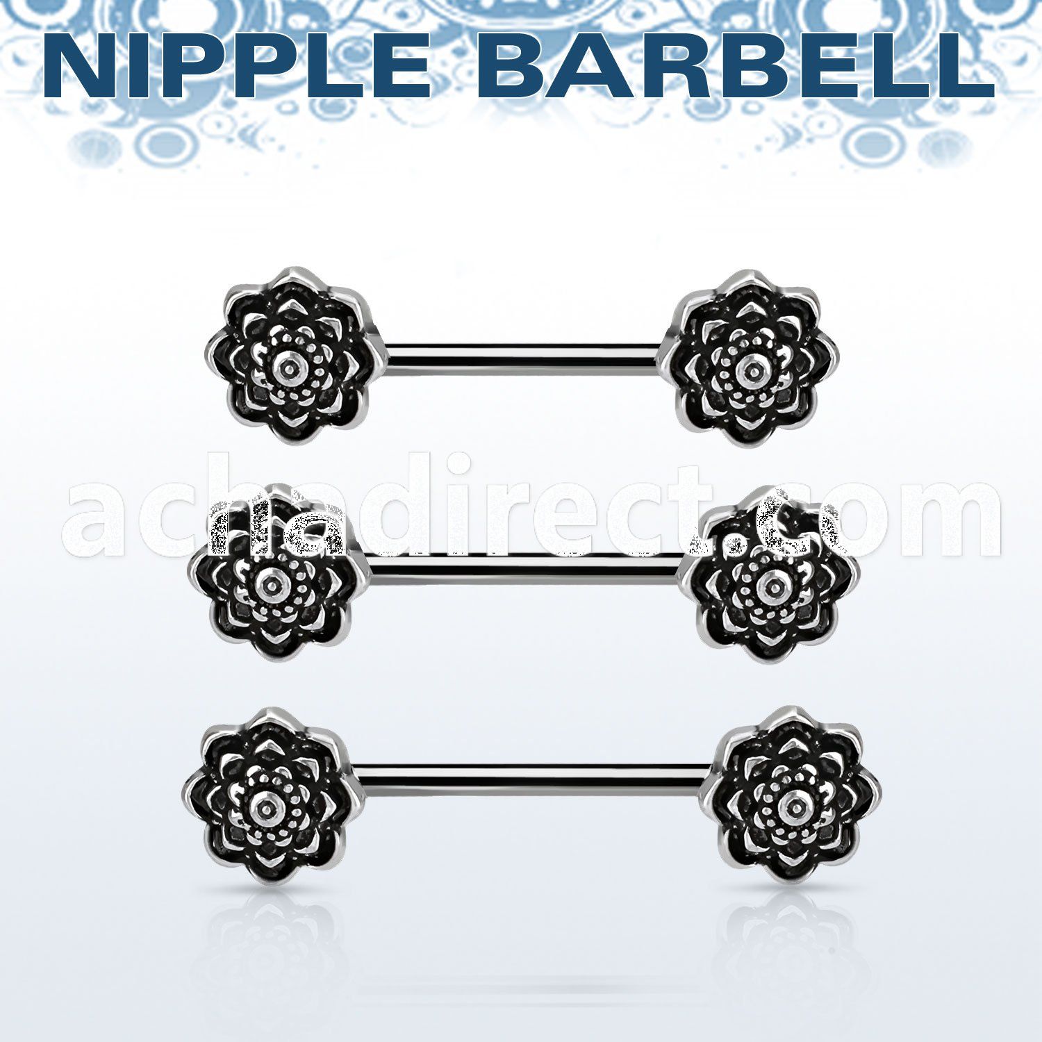 npsh22 surgical steel nipple barbell w 2 black roses on the end