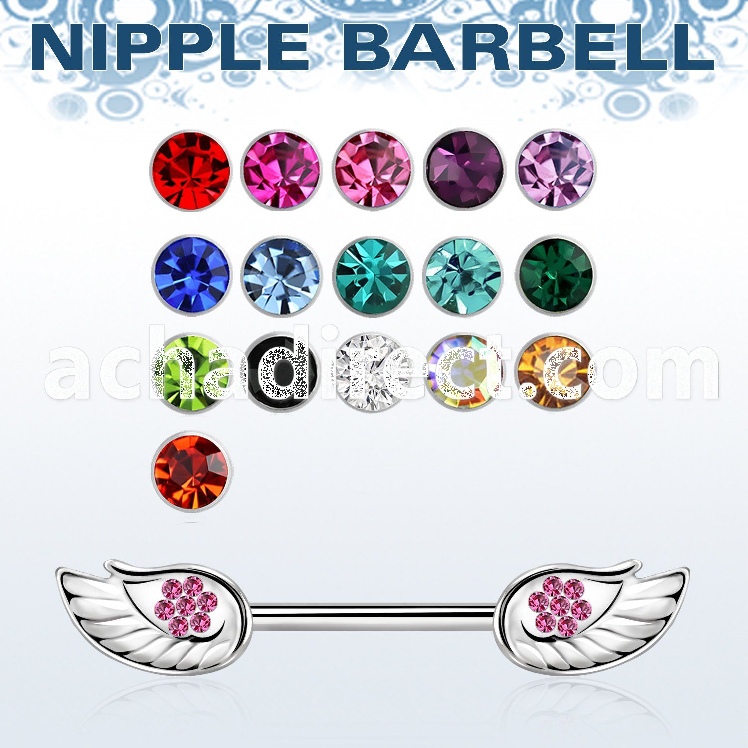 npsh25 steel nipple barbell, 14g (1.6mm) w small wing w crystal