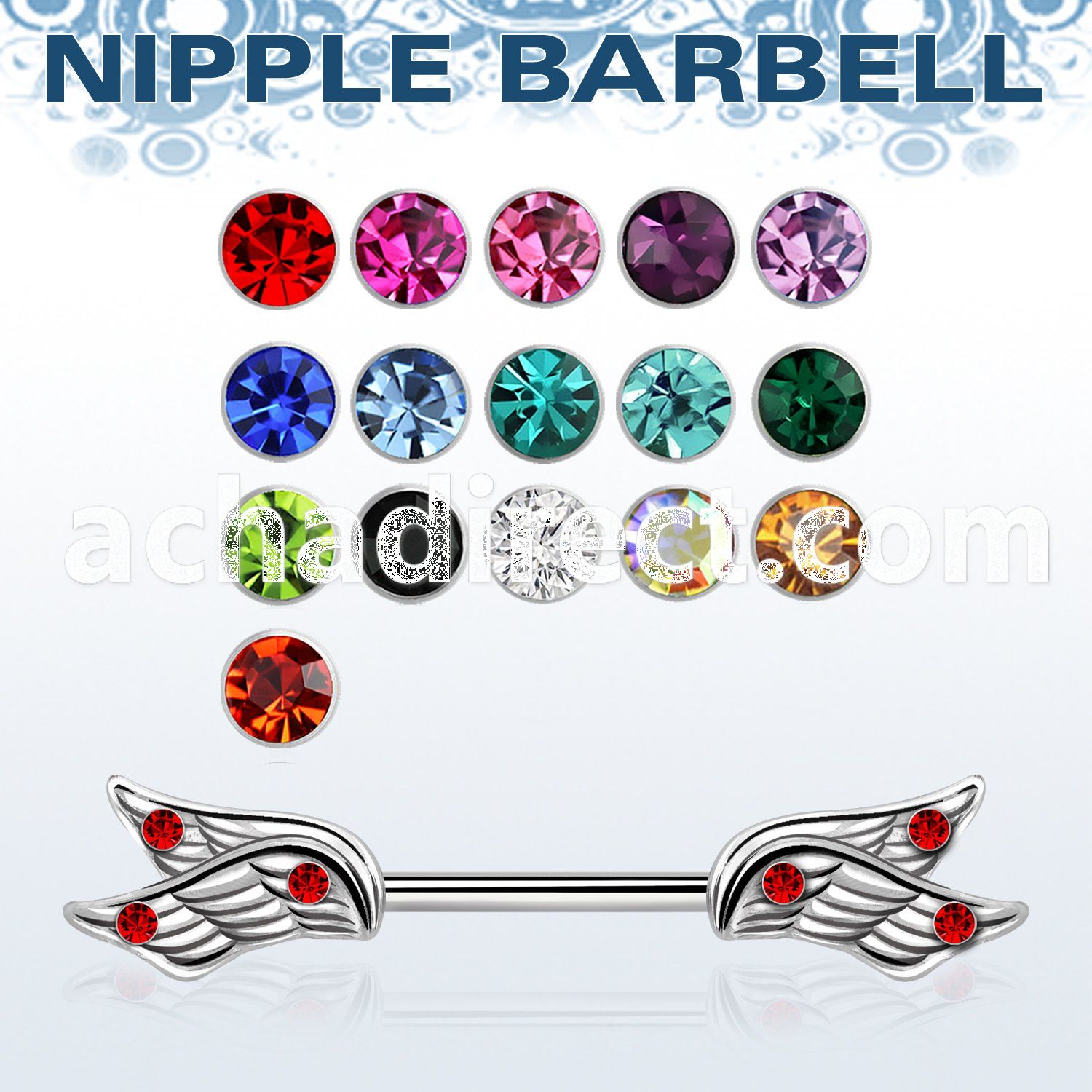 npsh26 steel nipple barbell w double wings w 3 crystals