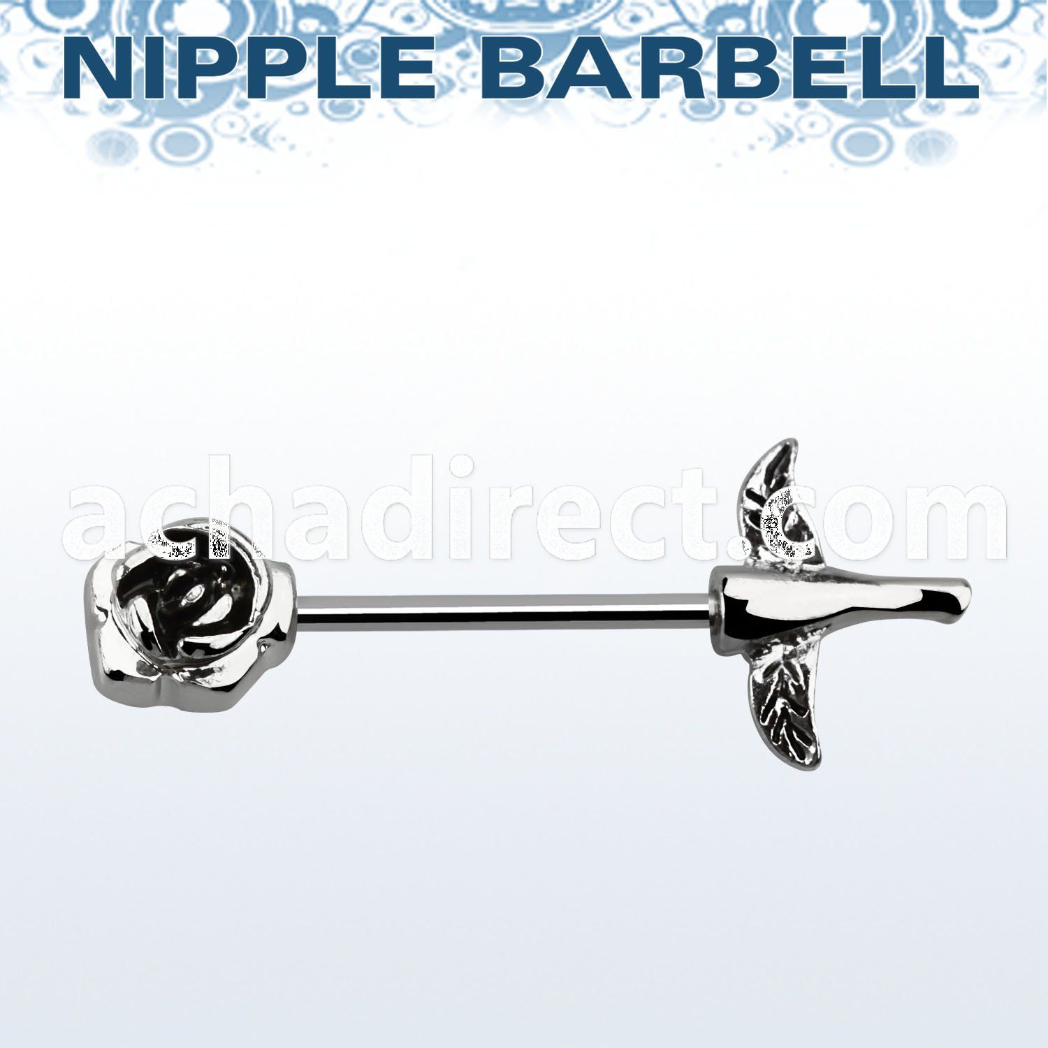 npsh2 316l steel nipple barbell with rose two small leafs
