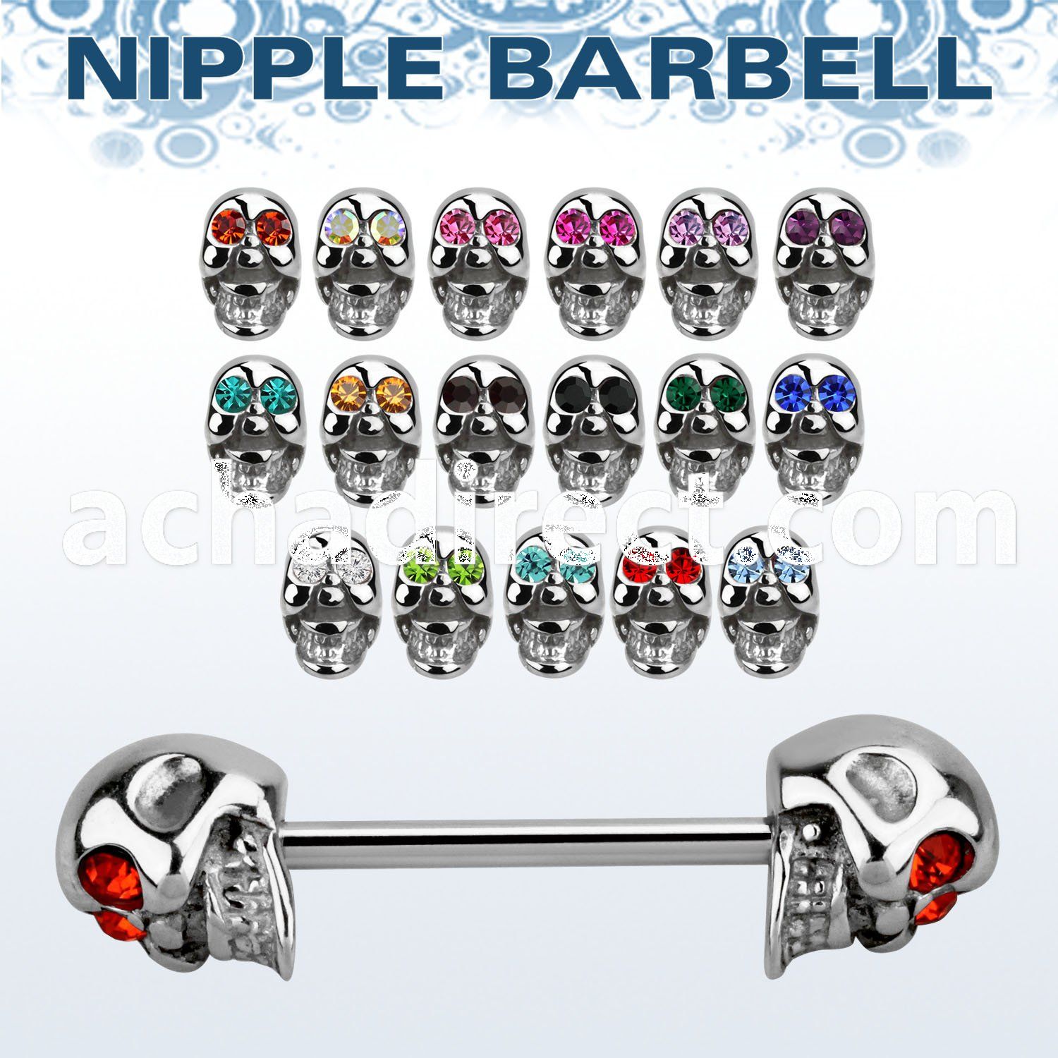 npskc 316l steel nipple barbell w 316l steel crystal skulls