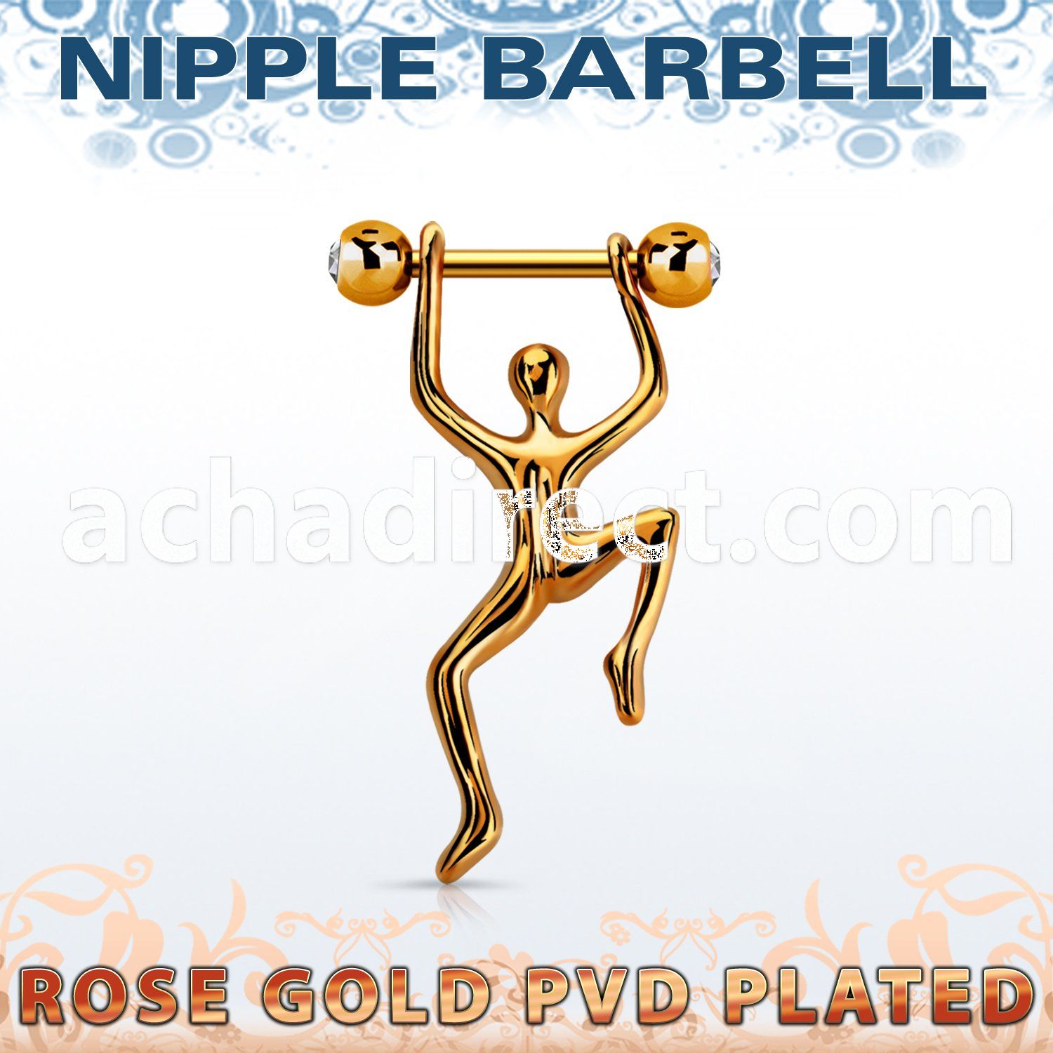 npttd12 rose gold steel nipple barbell w jewels hanging man 