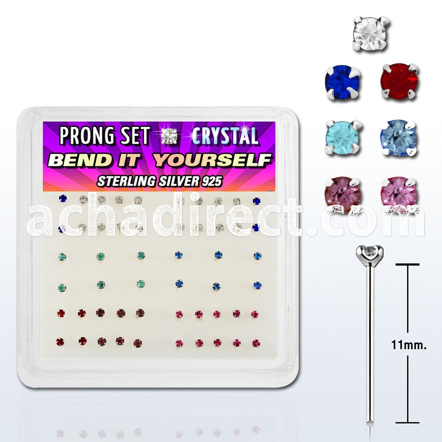 npyms box of silver bend it nose studs w prong color crystals