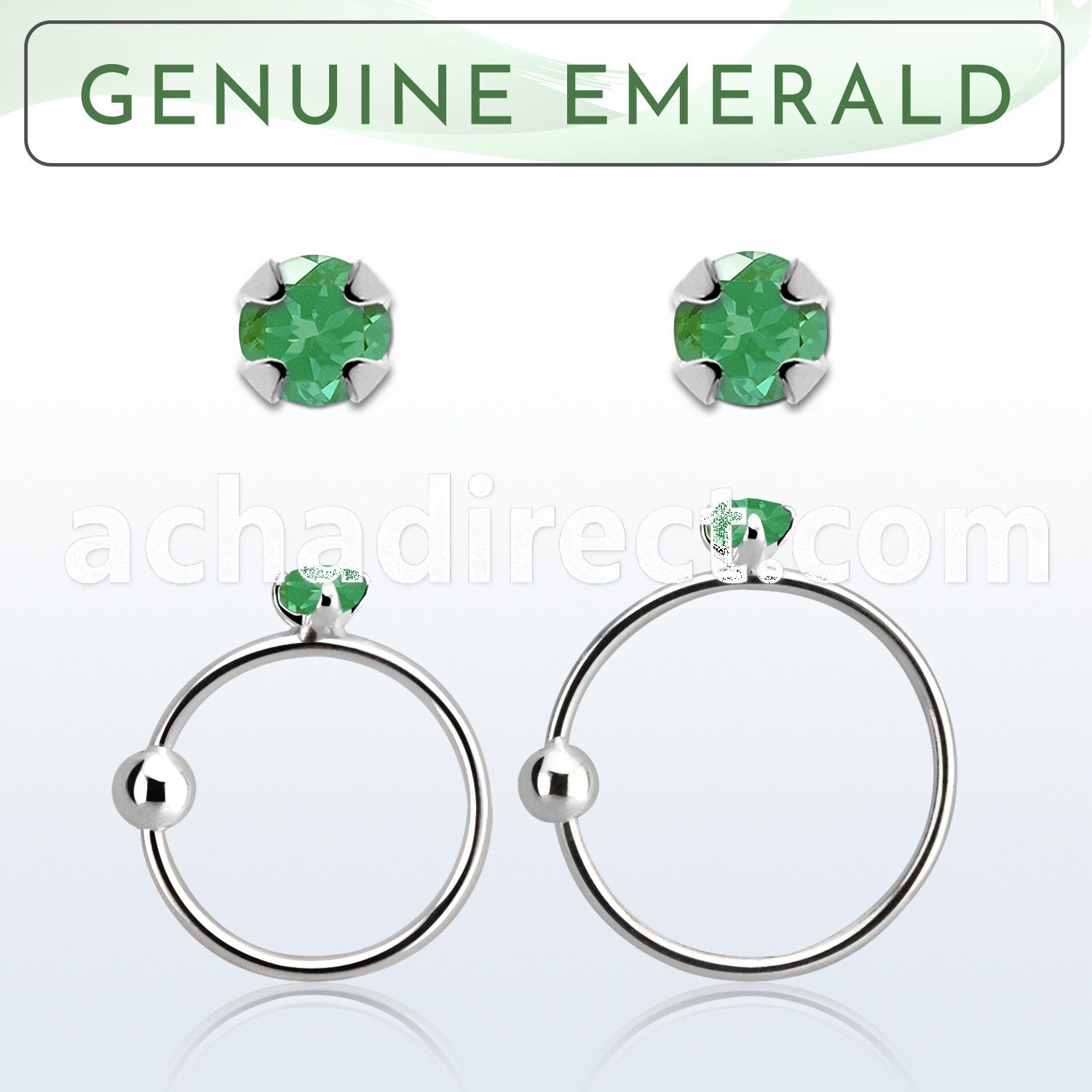 nrge10 925 silver nose hoop w 2mm prong set emerald stone