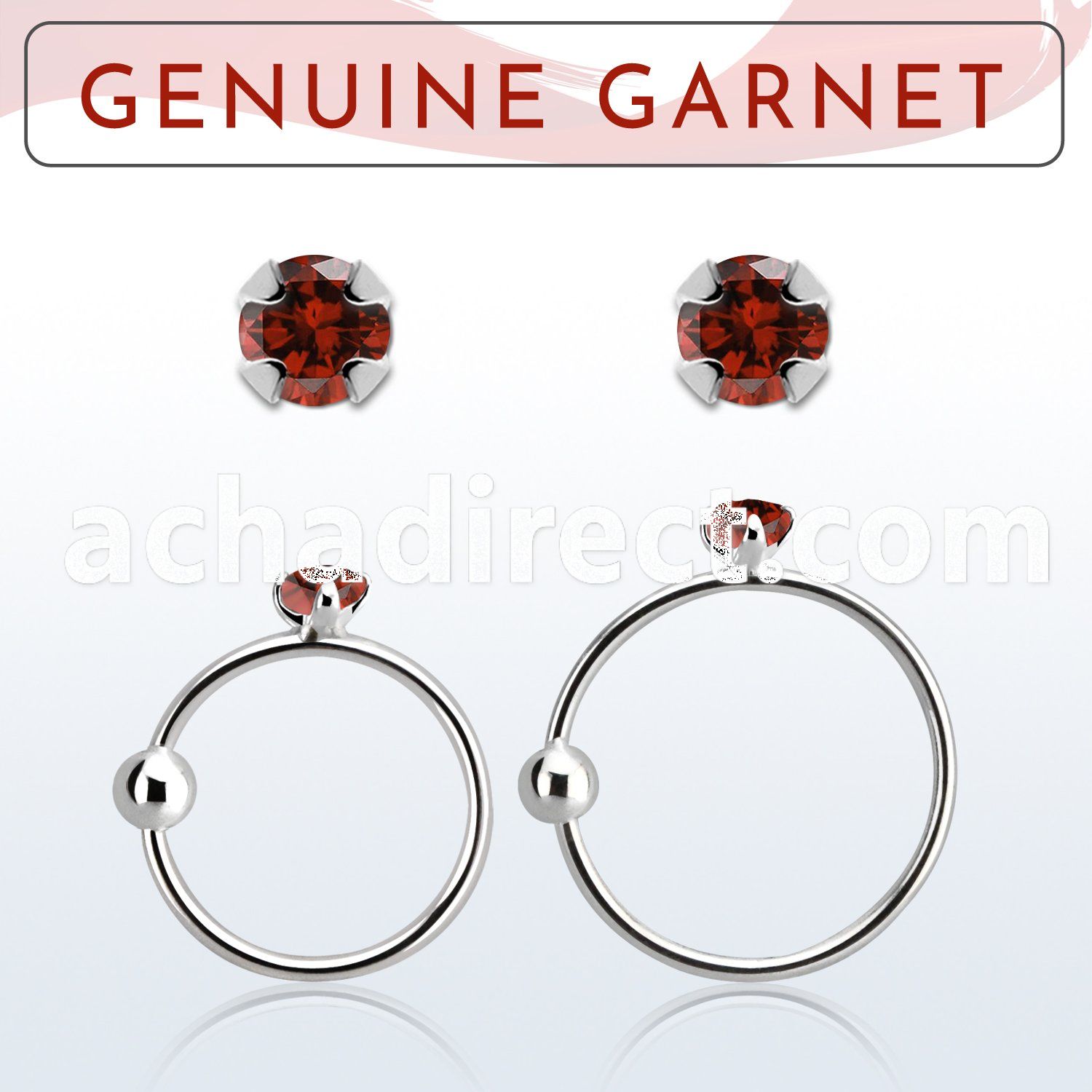 nrge2 925 silver nose hoop w 2mm prong set garnet stone