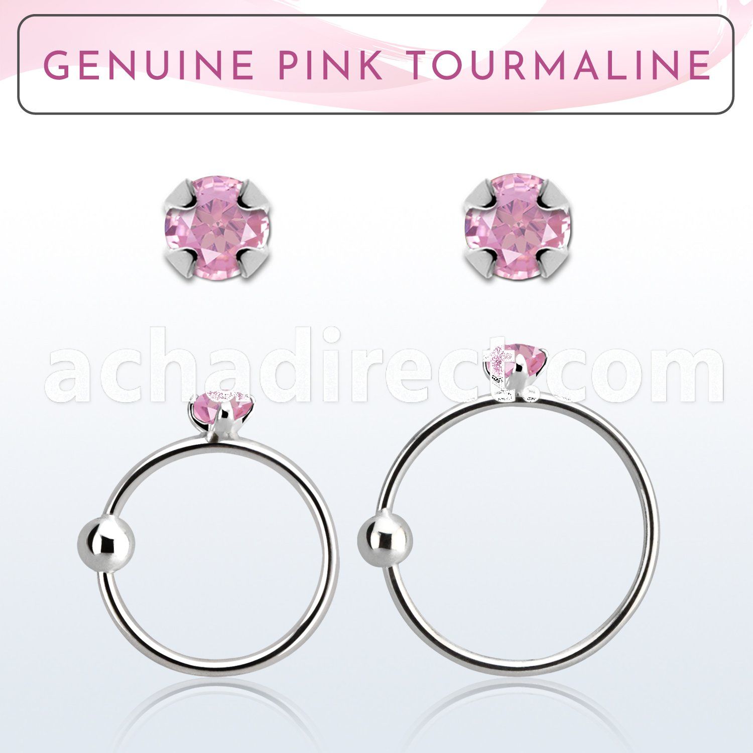 nrge3 925 silver nose hoop w prong set pink tourmaline stone