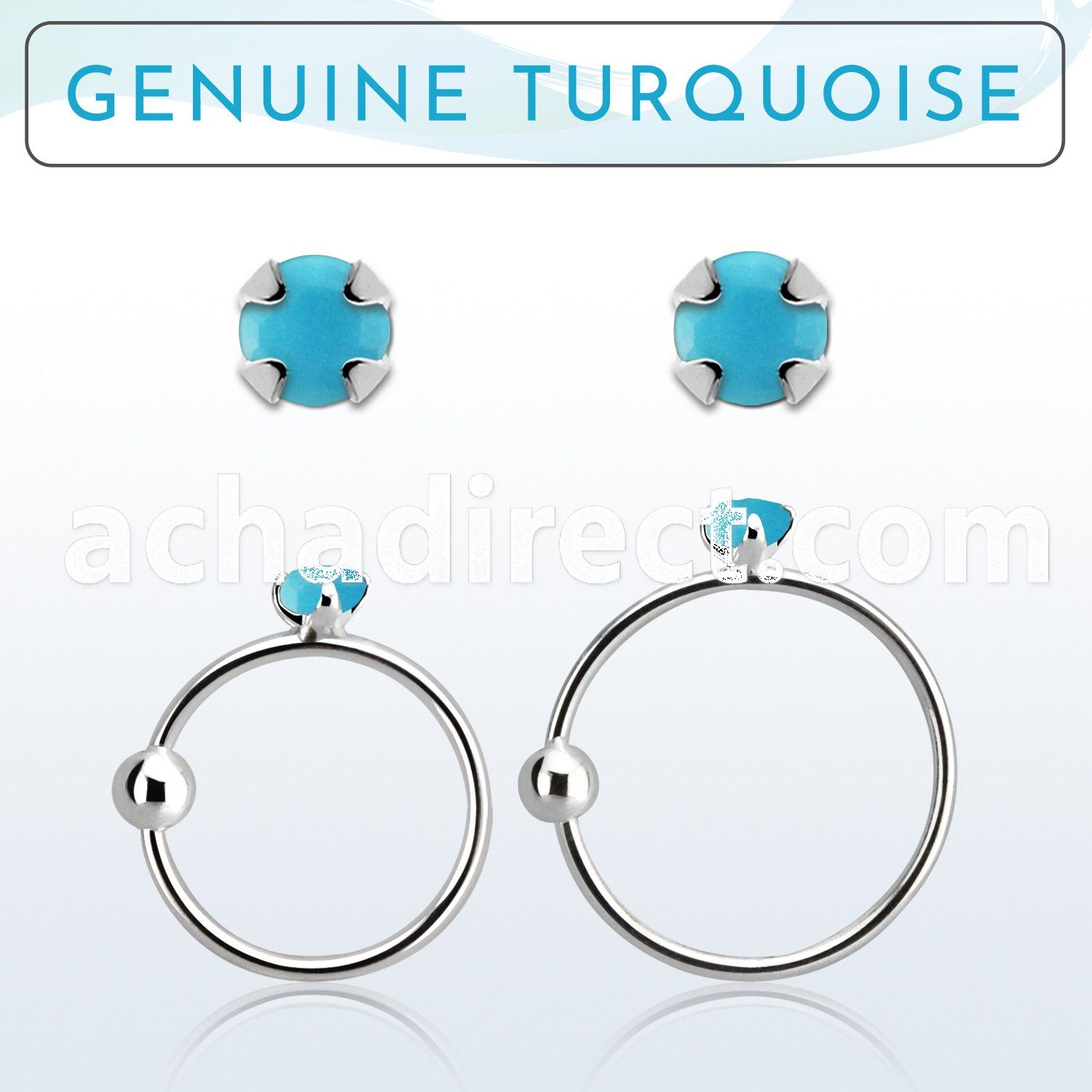 nrge7 925 silver nose hoop w 2mm round turquoise stone