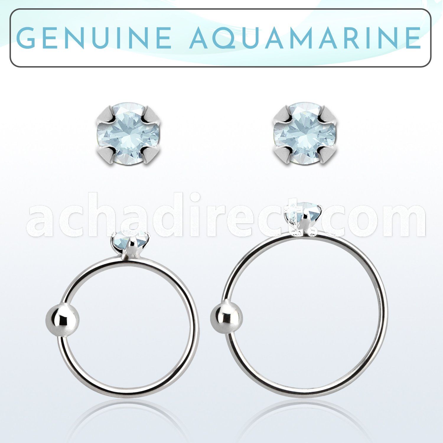 nrge8 925 silver nose hoop w 2mm prong set aquamarine stone