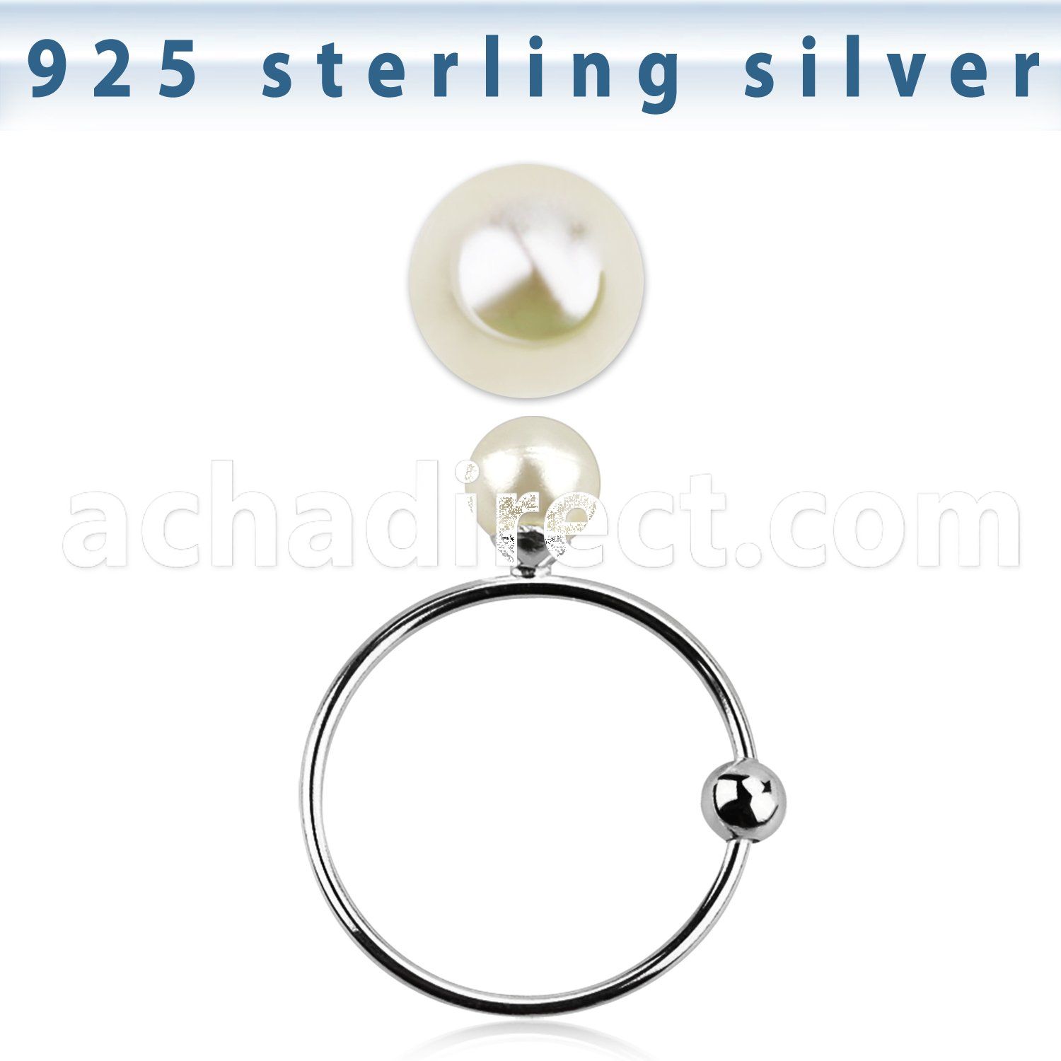 ns06pr3 silver hoop nose ring w a silver top w 3mm pearl ball