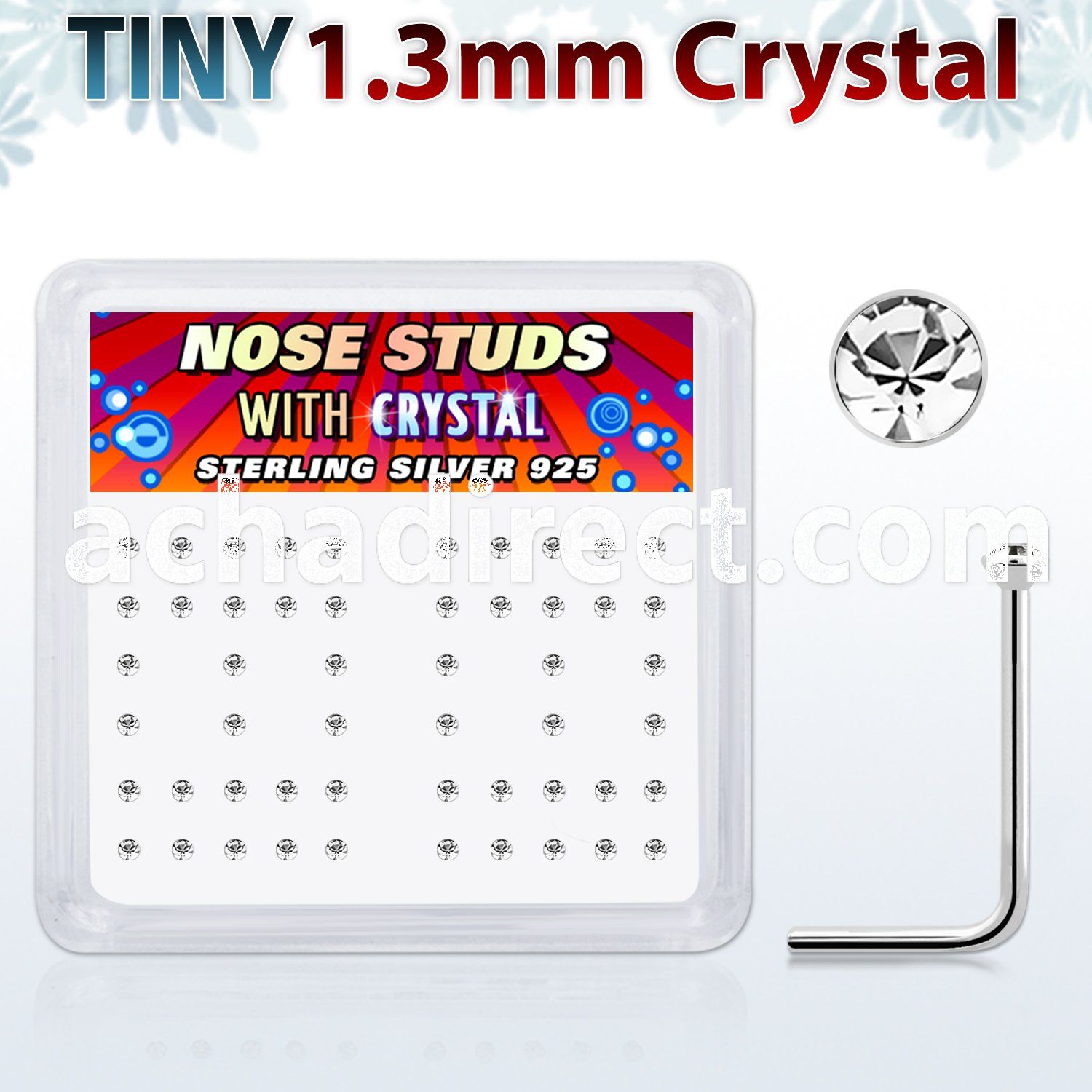 ns6cx box of silver nose studs with 1 25mm clear crystal tops