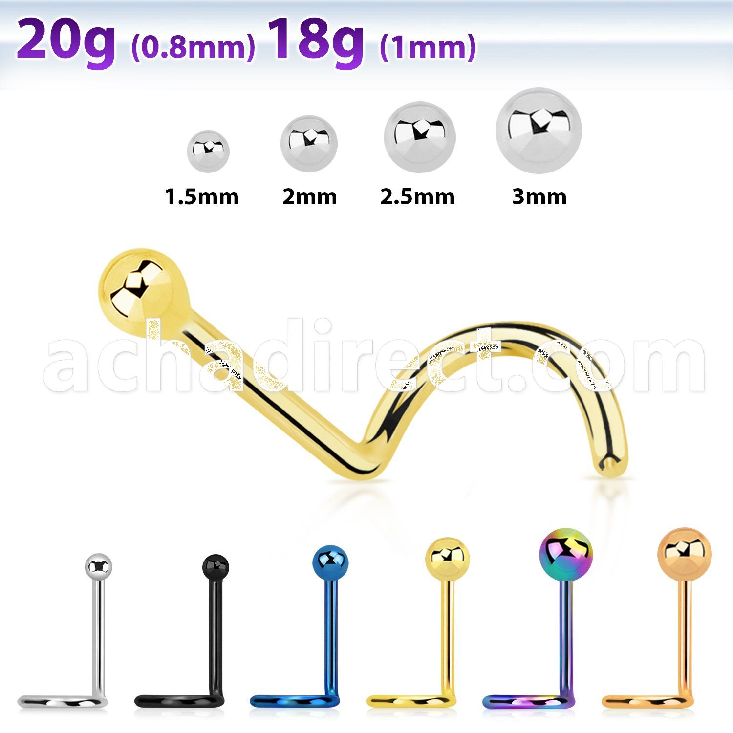 nsb high polished 316l steel nose screw with 2mm ball top