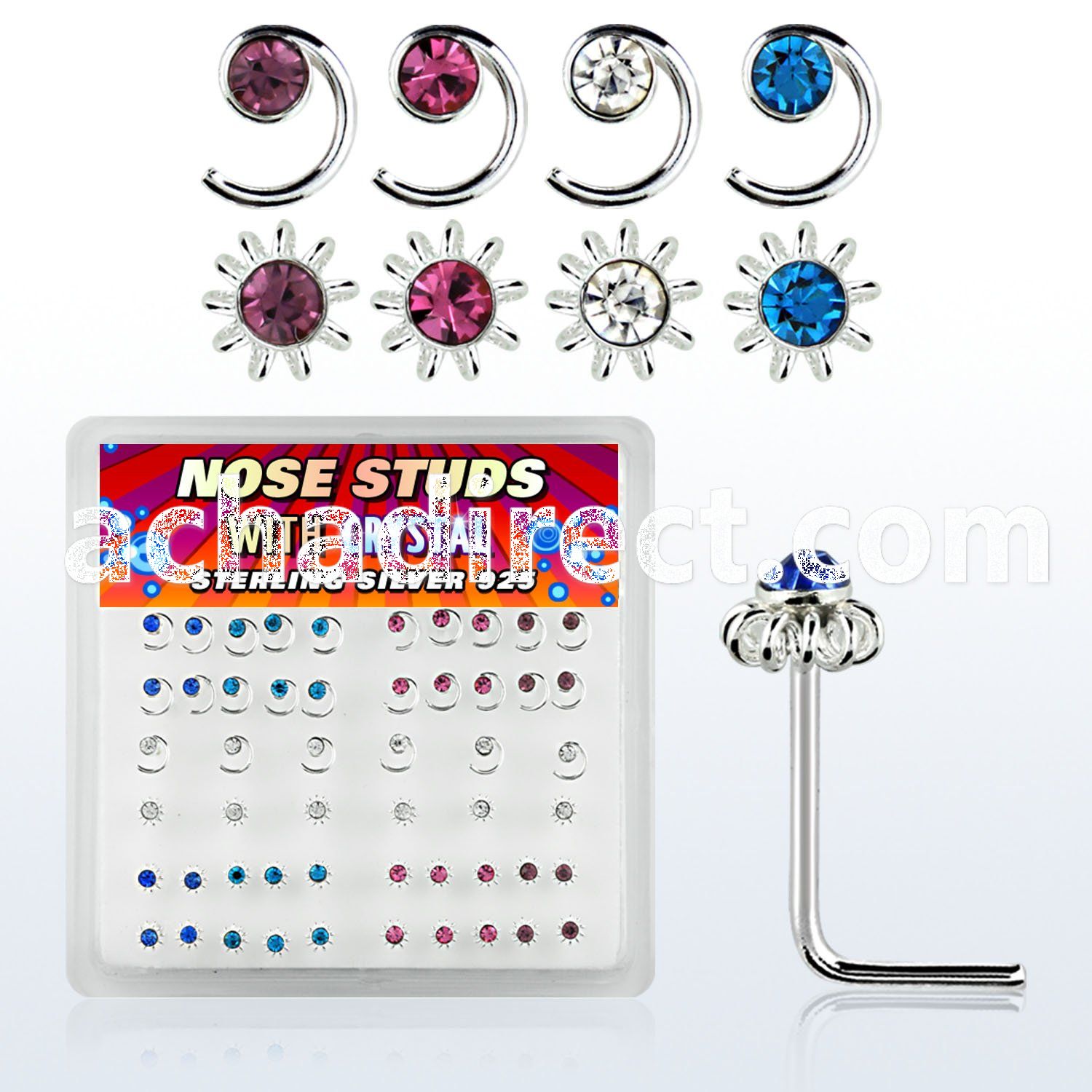nsbxm2 box of silver nose studs with spiral sun crystal tops
