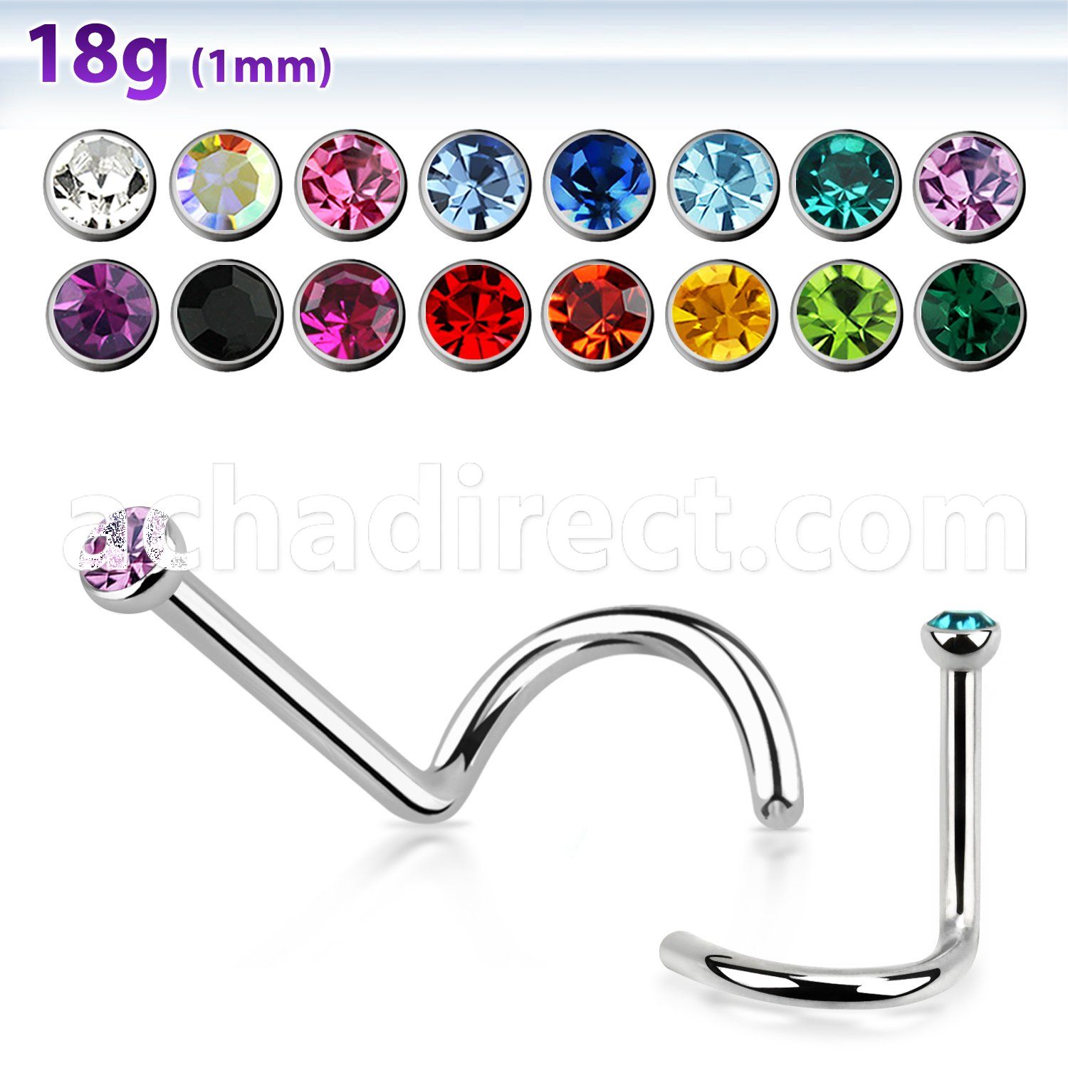 nsc18 316l steel nose screw 18g 1mm w 2mm round crystal top