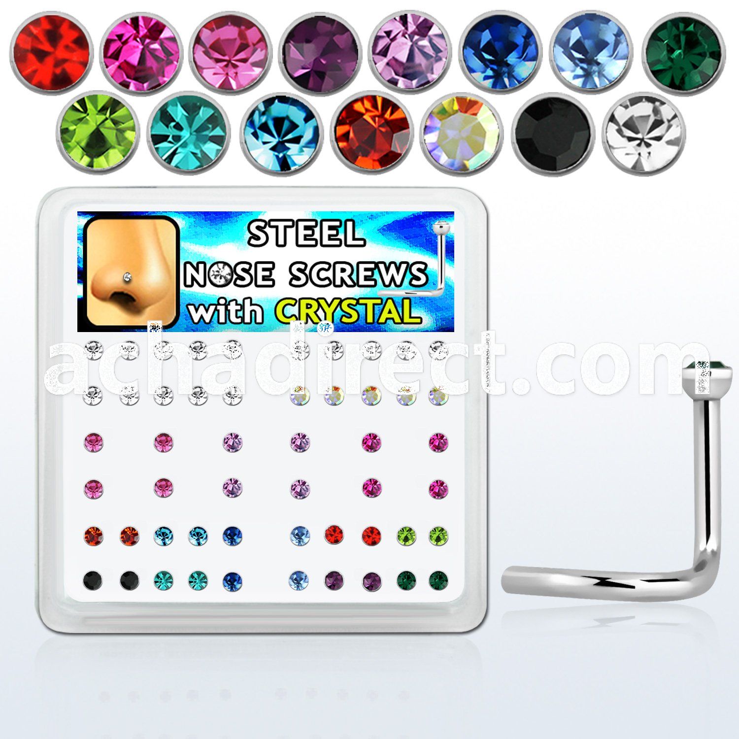 nsc18xm box of 316l steel nose screws w 2mm crystal in colors