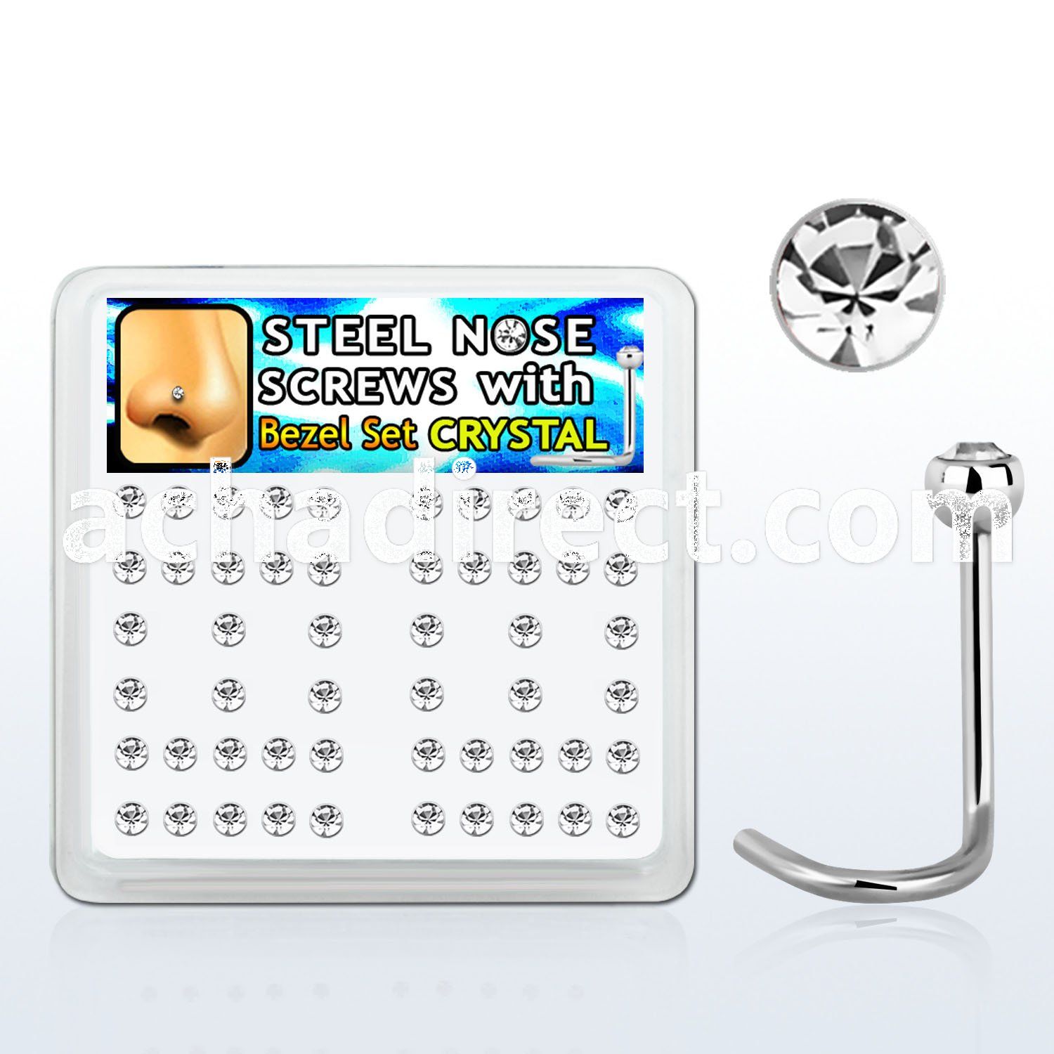 nscb25xc box of 316l steel nose screws w 2 5mm clear crystal