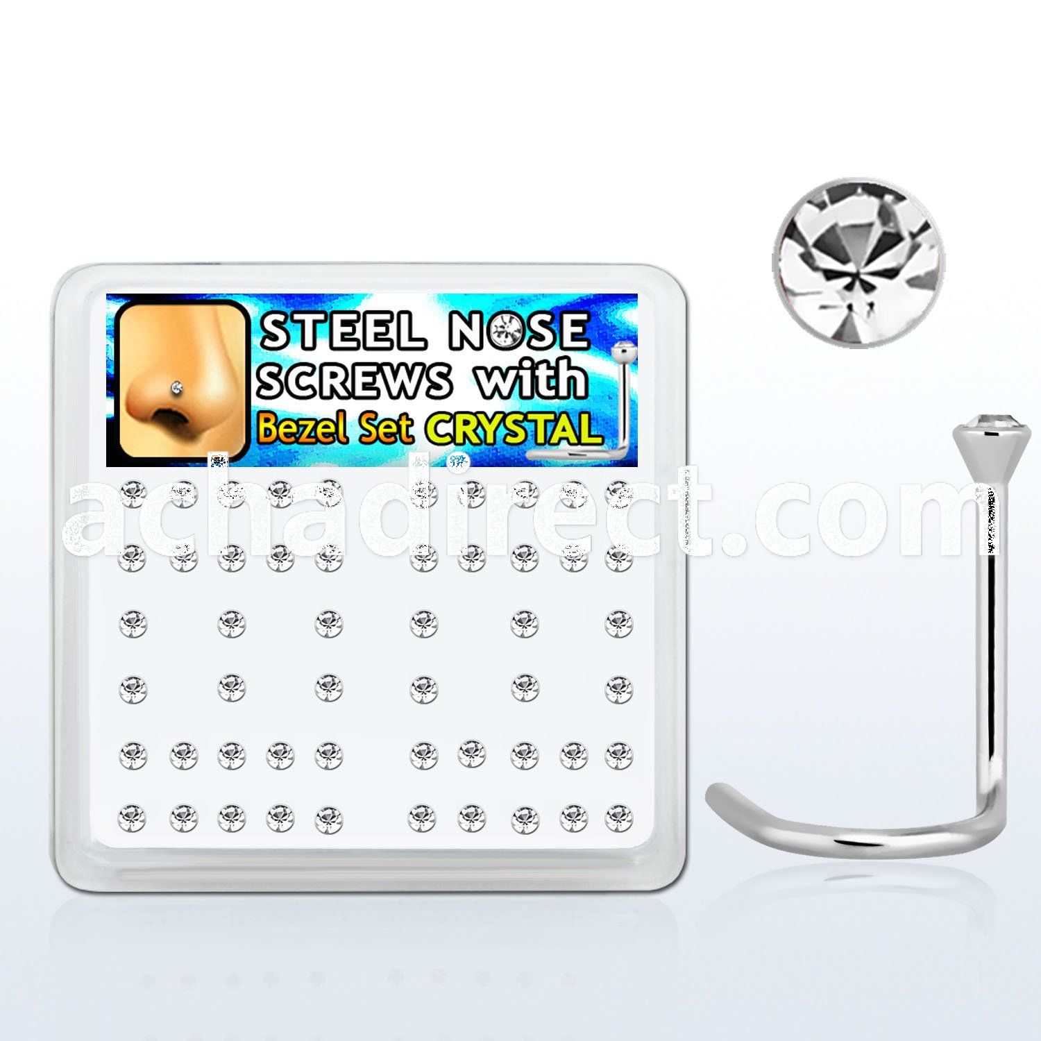 nscbxc box of 316l steel nose screws w 2mm clear bezel crystals
