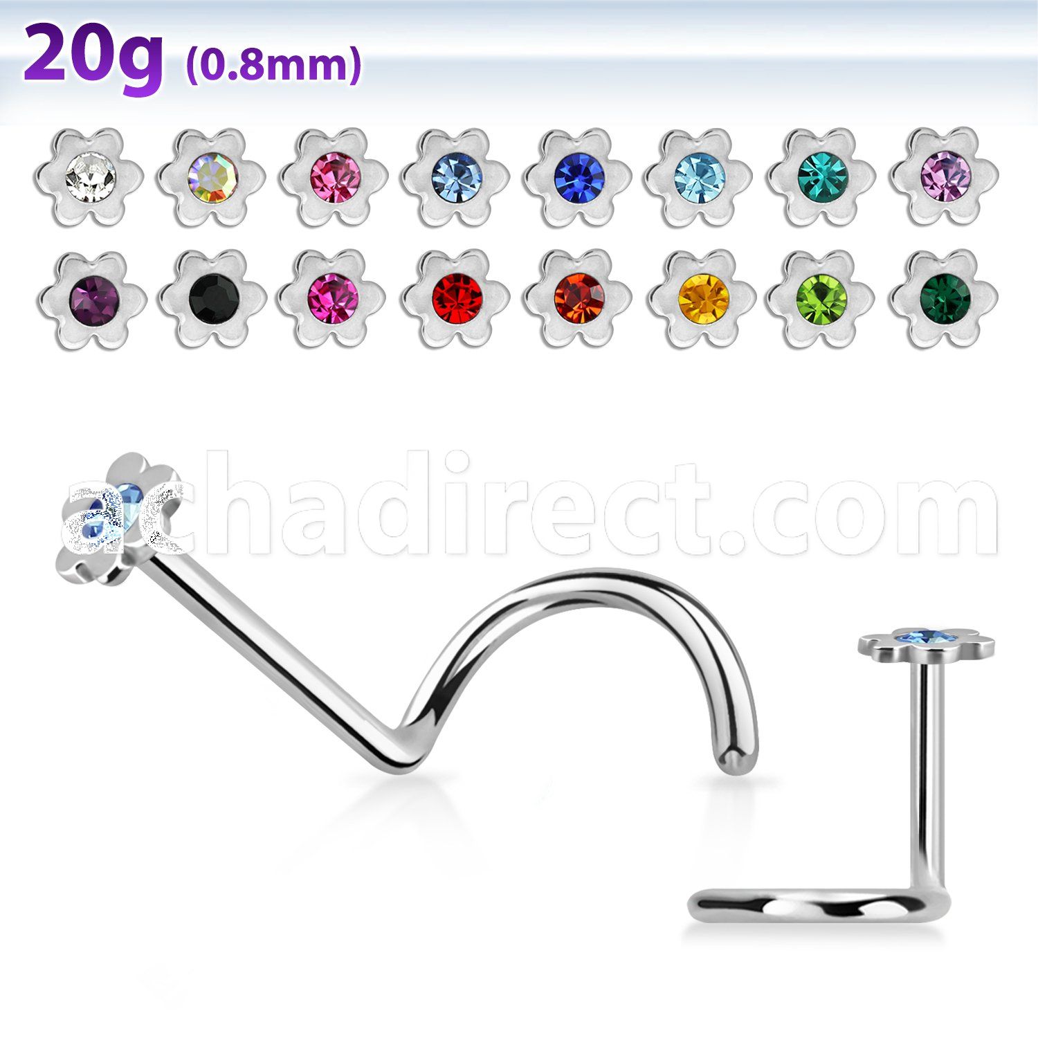 nscflc polished 316l steel nose screw with flower top crystal