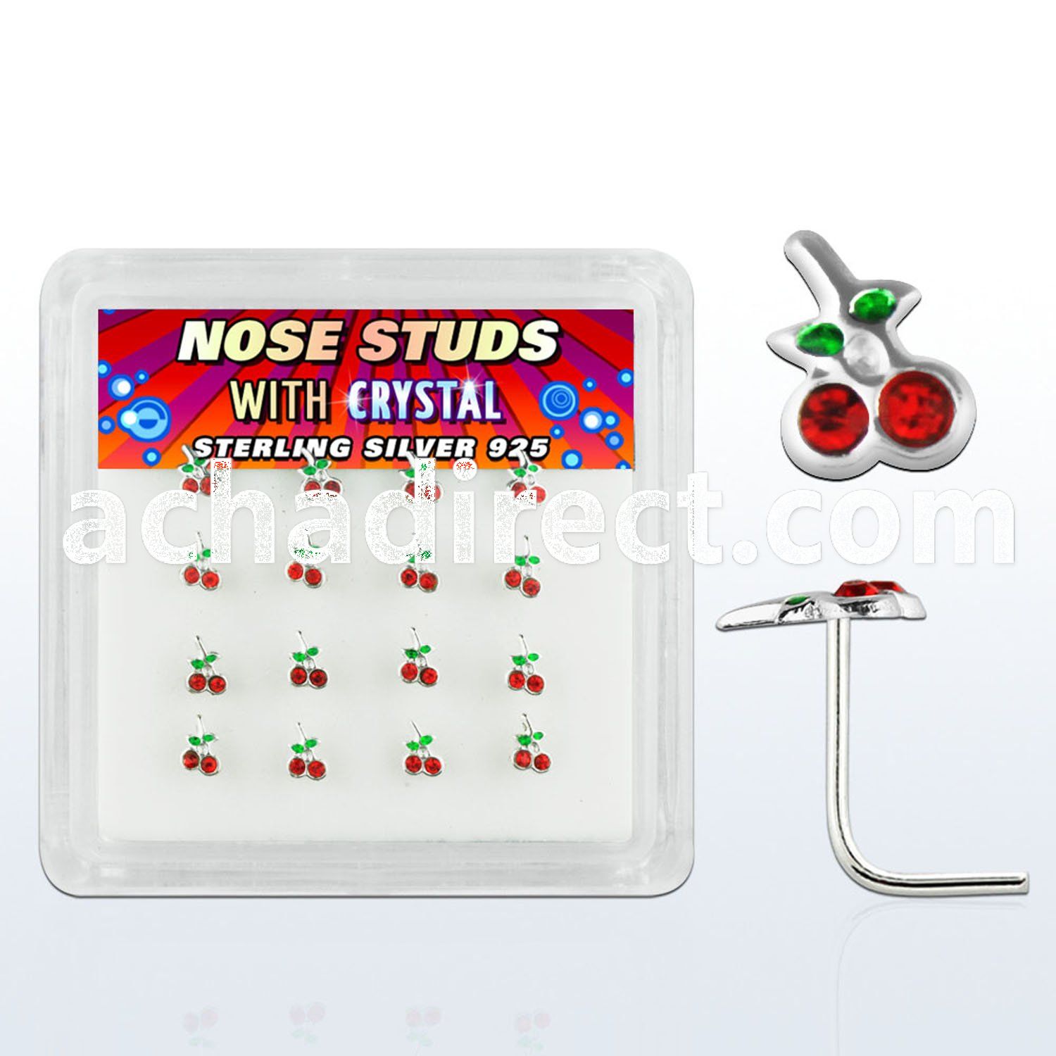 nsch16 box of silver nose studs w crystal cherries with leaves