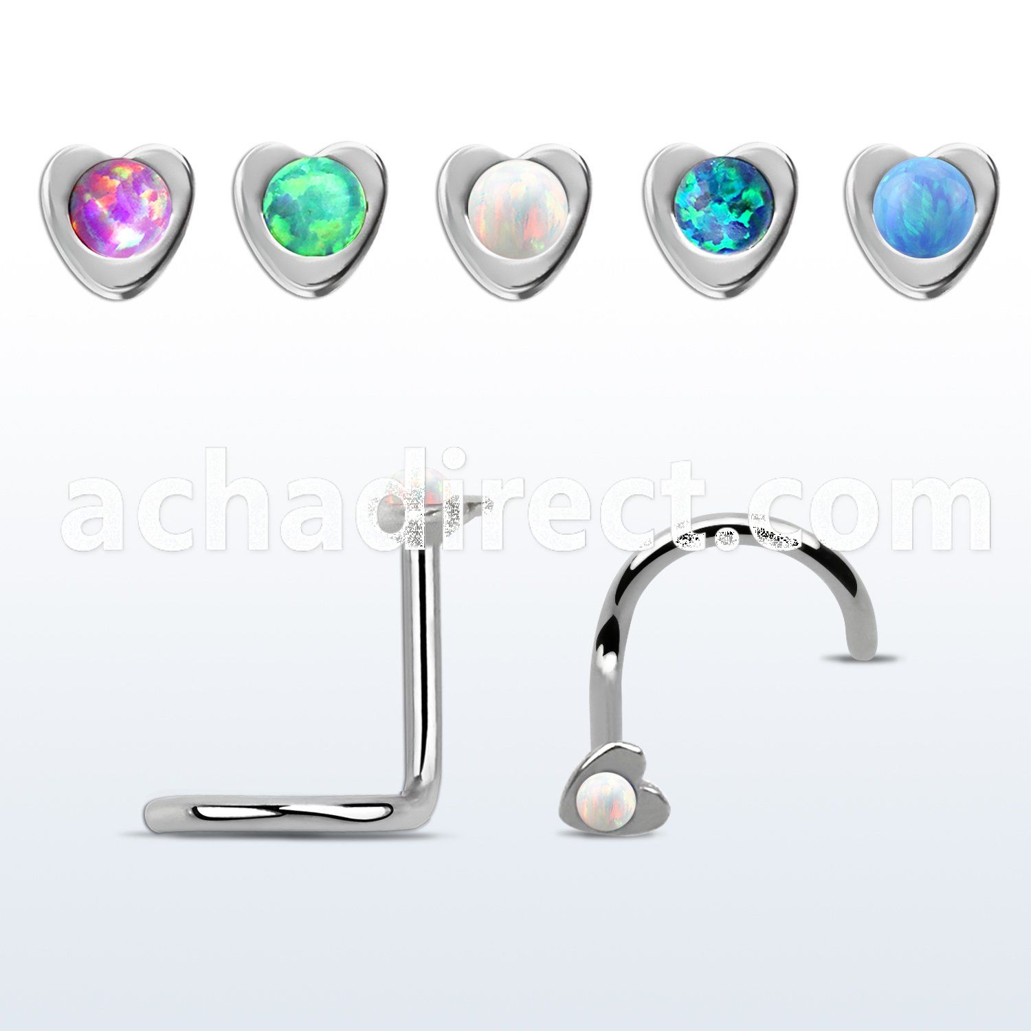 nschtop 316l steel nose screw w heart top synthetic opal