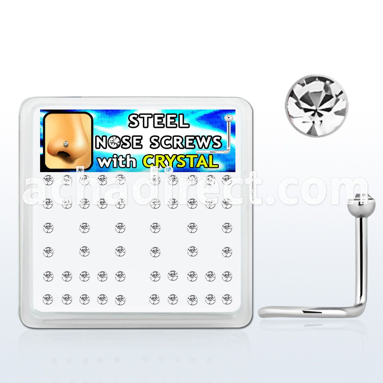 nscxc box of 316l steel nose screws w 2mm clear crystal tops