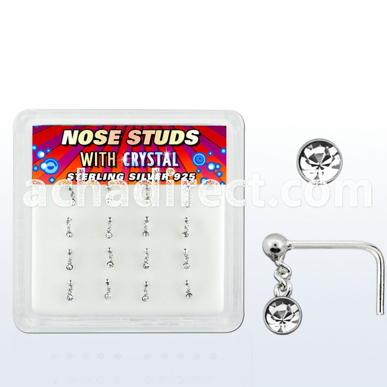 nsdc16 box of silver nose studs w ball dangling crystal