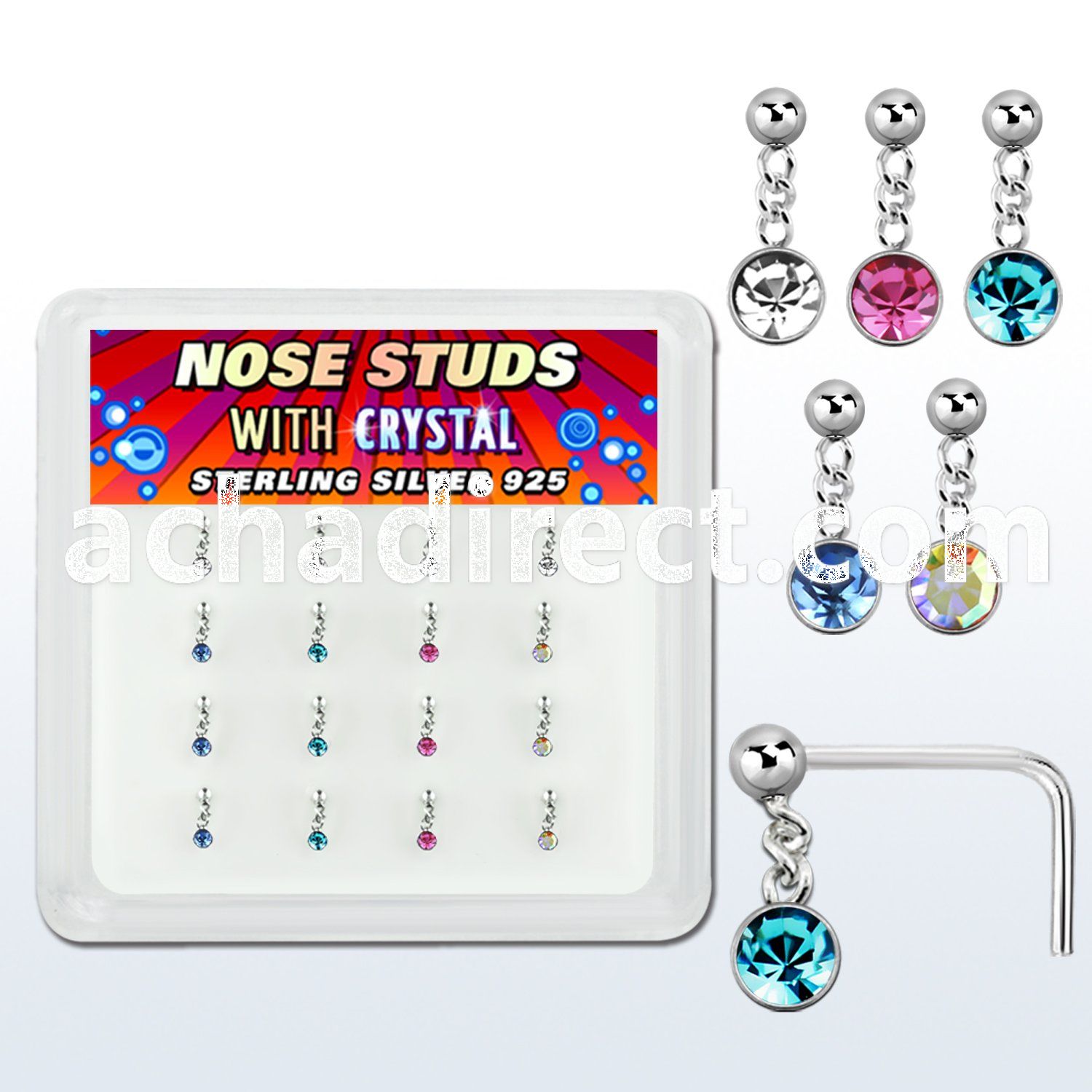 nsdm16 silver nose studs w ball dangling color crystal
