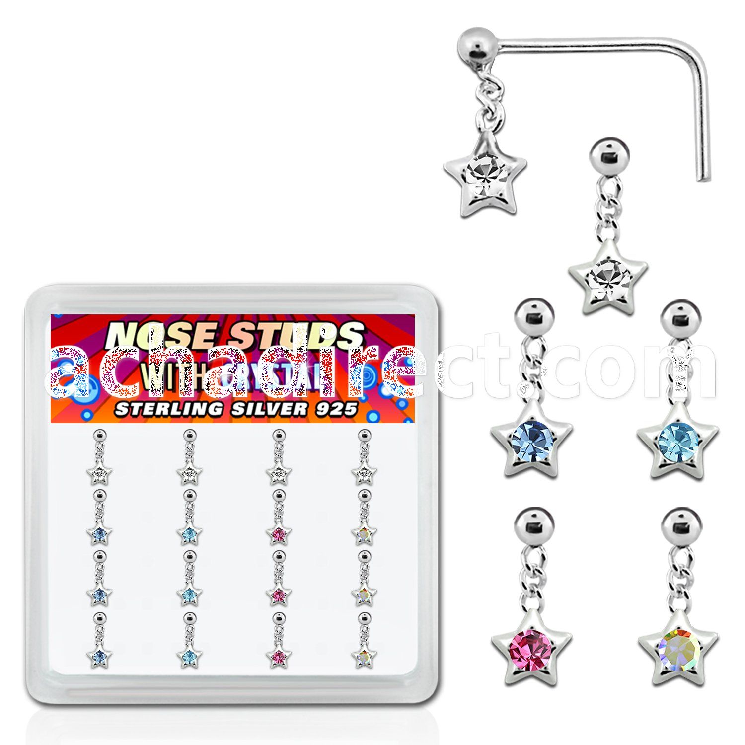 nsds16 box of silver nose studs w ball crystal colored star